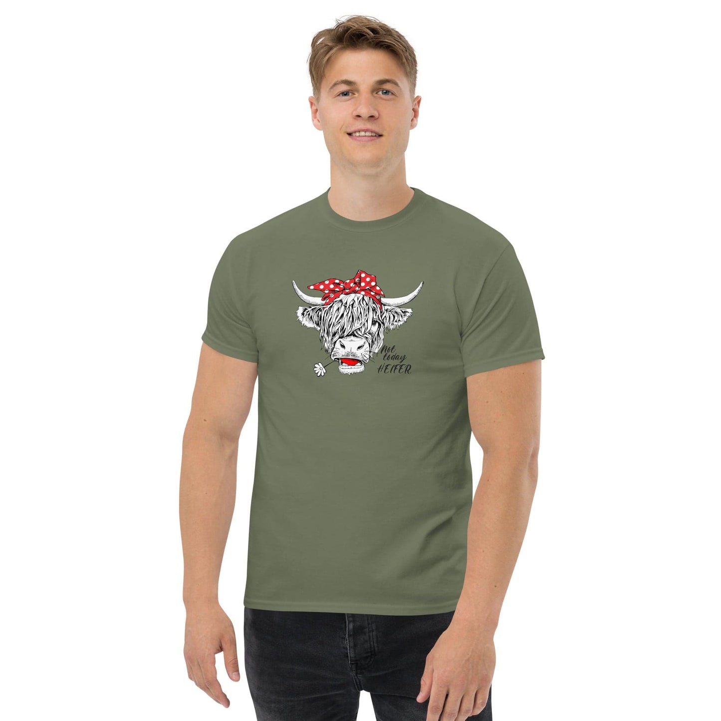 Olive green t-shirt with cow graphic.