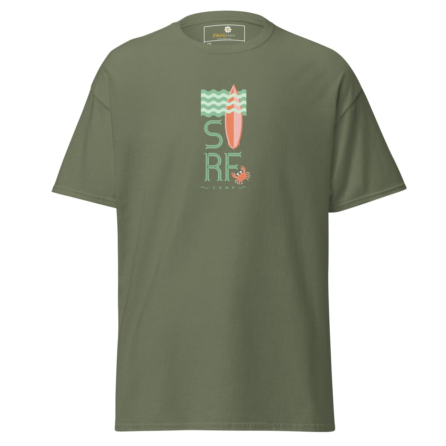 Olive green t-shirt with surf design.