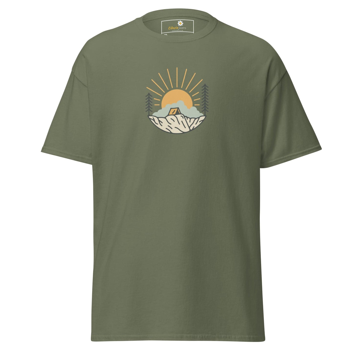 Olive green t-shirt with camping graphic.
