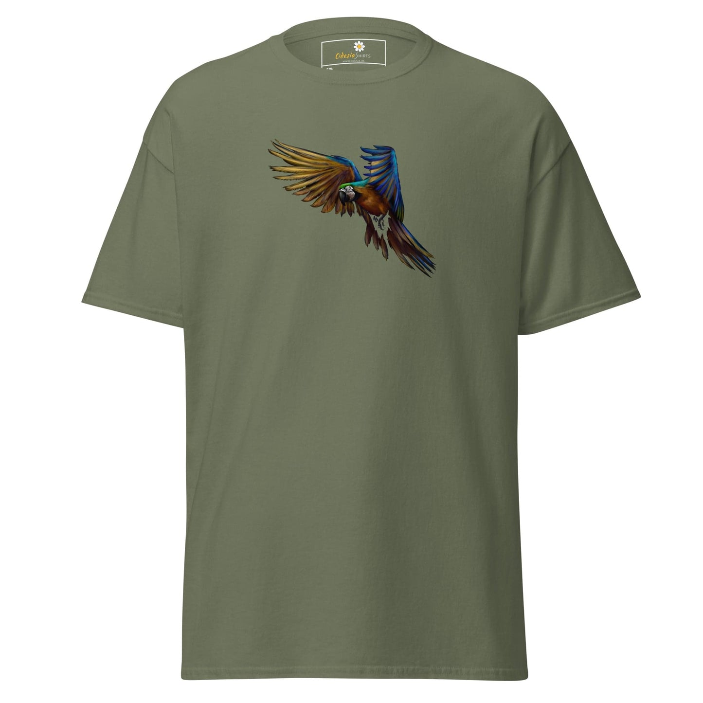 Olive green T-shirt with colorful parrot graphic for men and women in sizes 2XL to 5XL