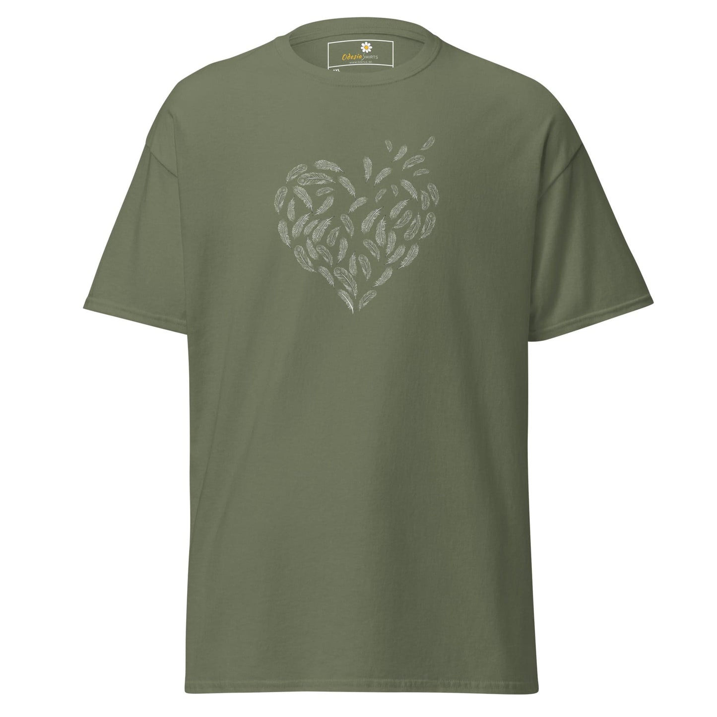 Olive green T-shirt with feather heart design for men and women available in 2XL to 5XL