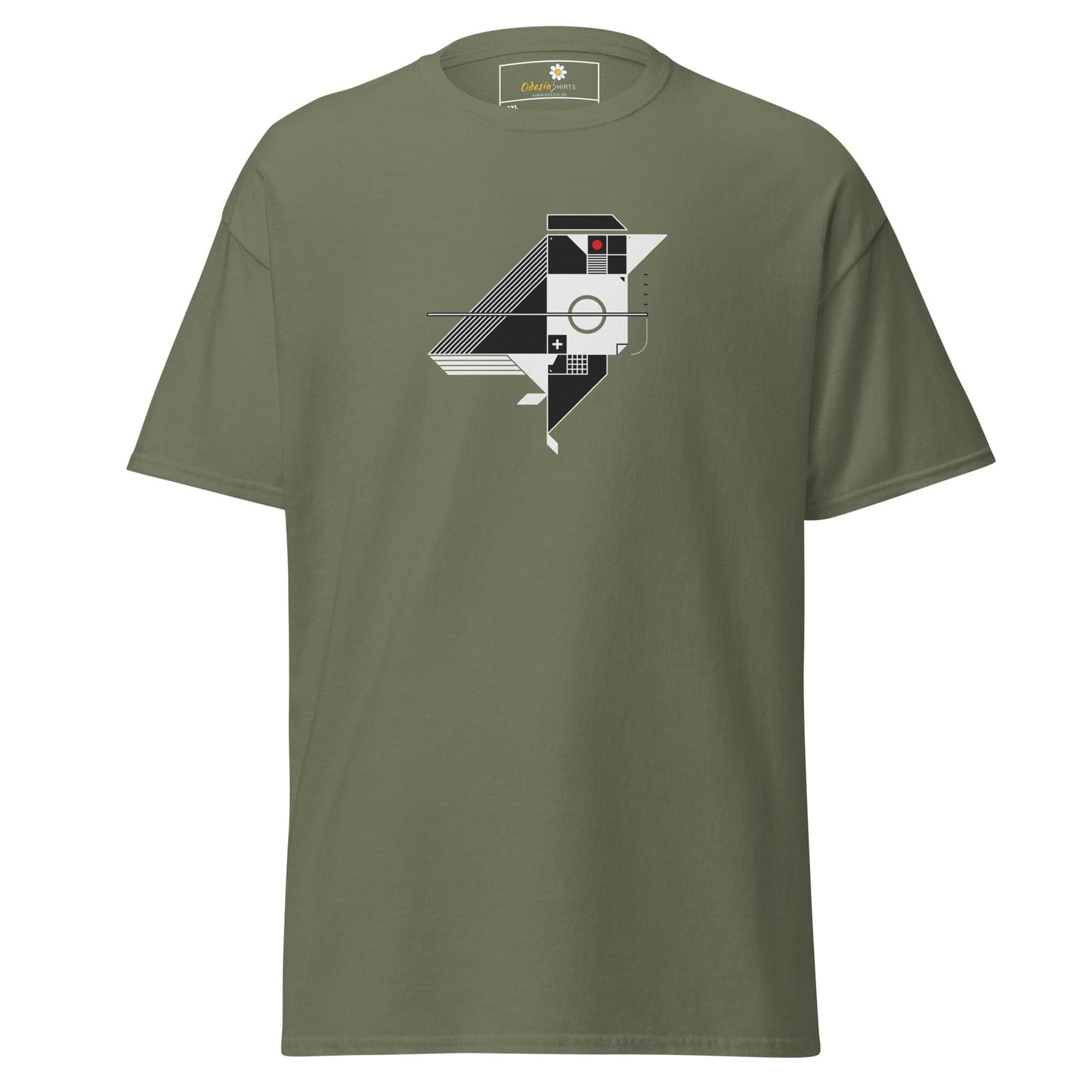 Olive green t-shirt with geometric bird design.
