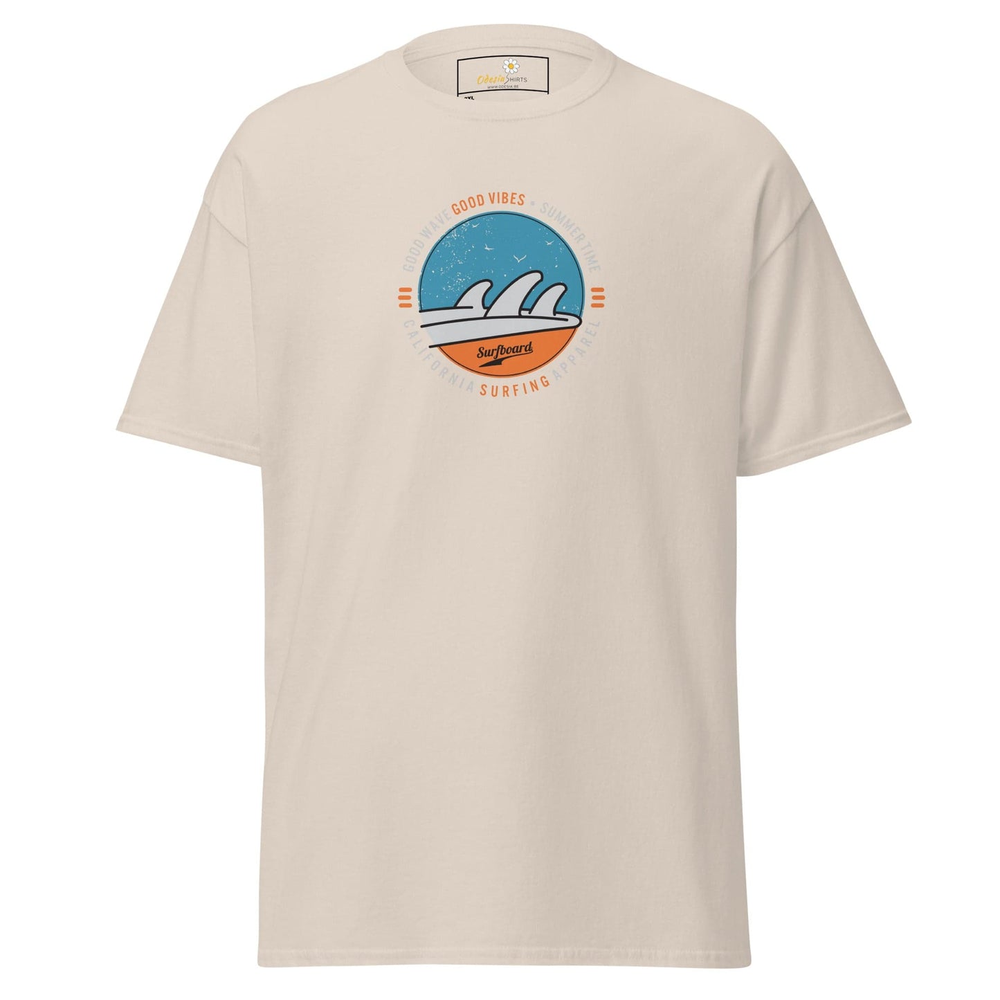 Beige t-shirt with a circular surfing graphic.