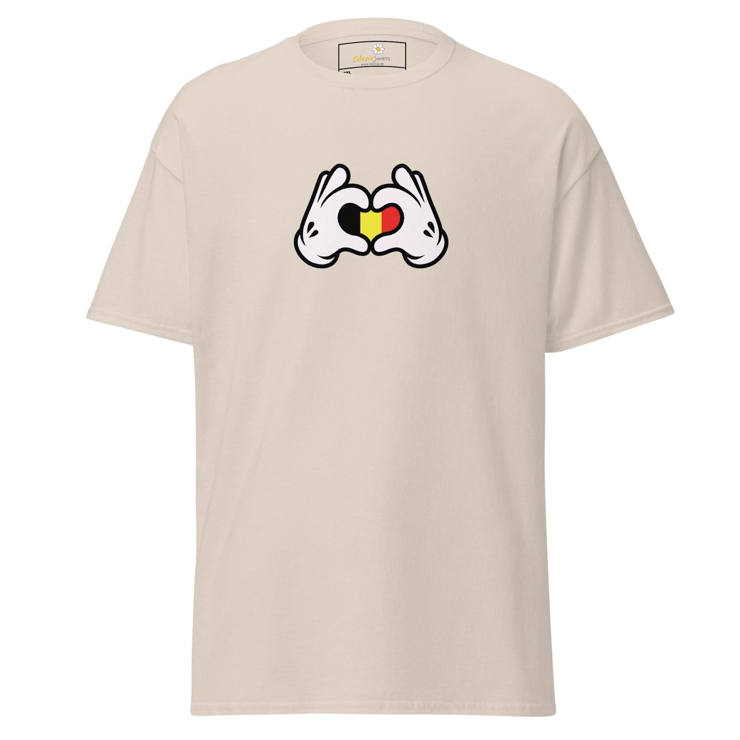 Beige t-shirt with cartoon hands forming a heart.
