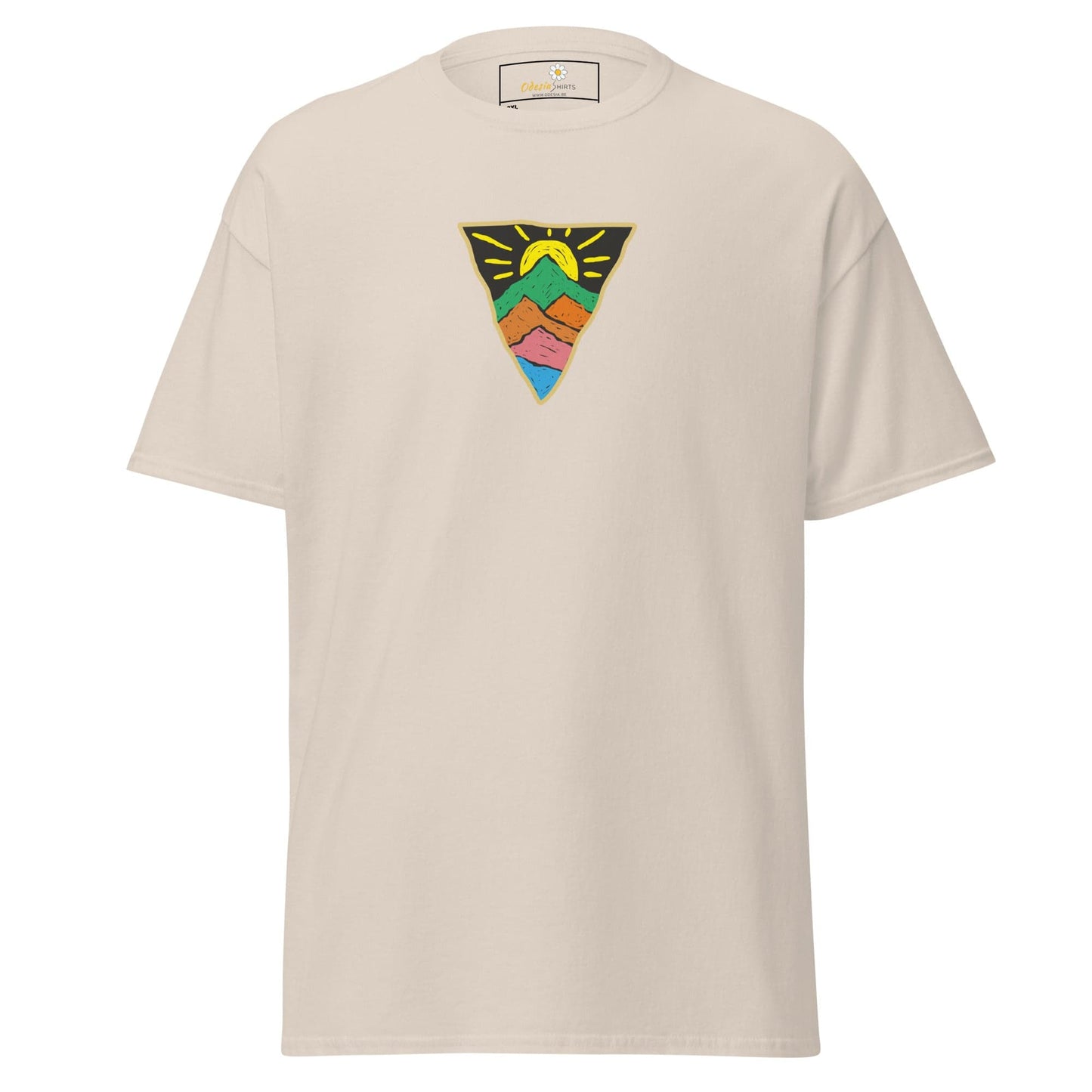 Beige T-shirt with colorful mountain design for men and women in sizes 2XL to 5XL