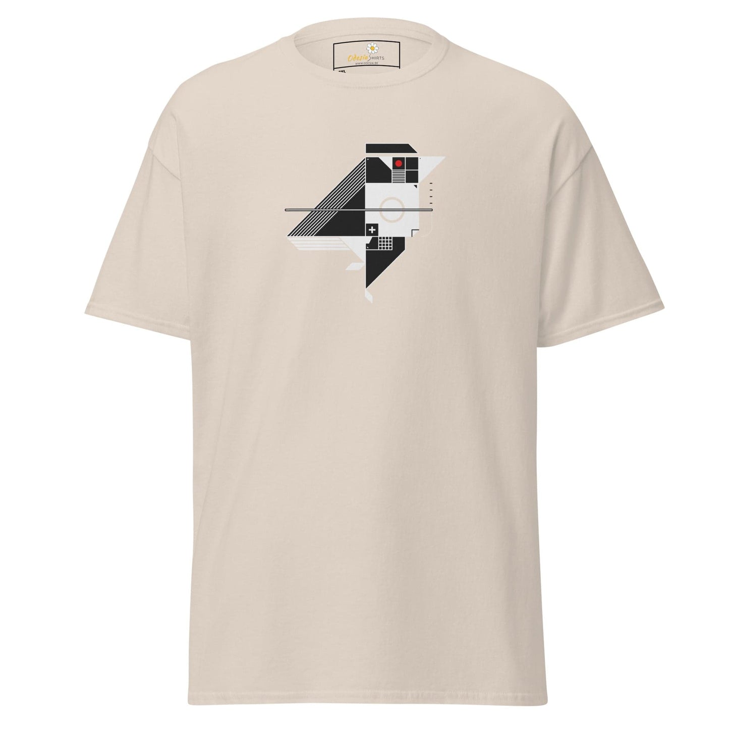 Beige t-shirt with geometric design.