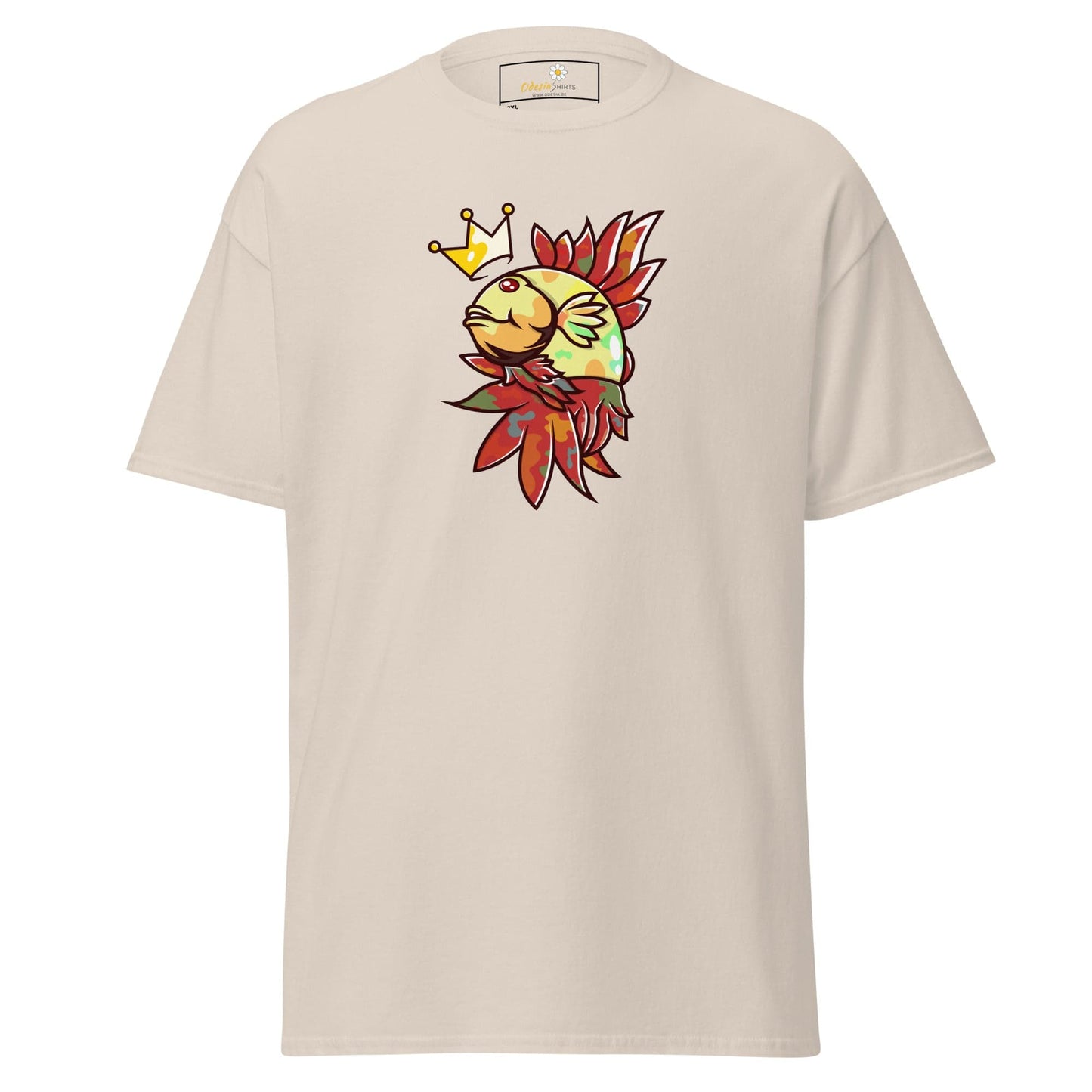 Beige T-shirt with fish and crown graphic for men and women in 2XL to 5XL size