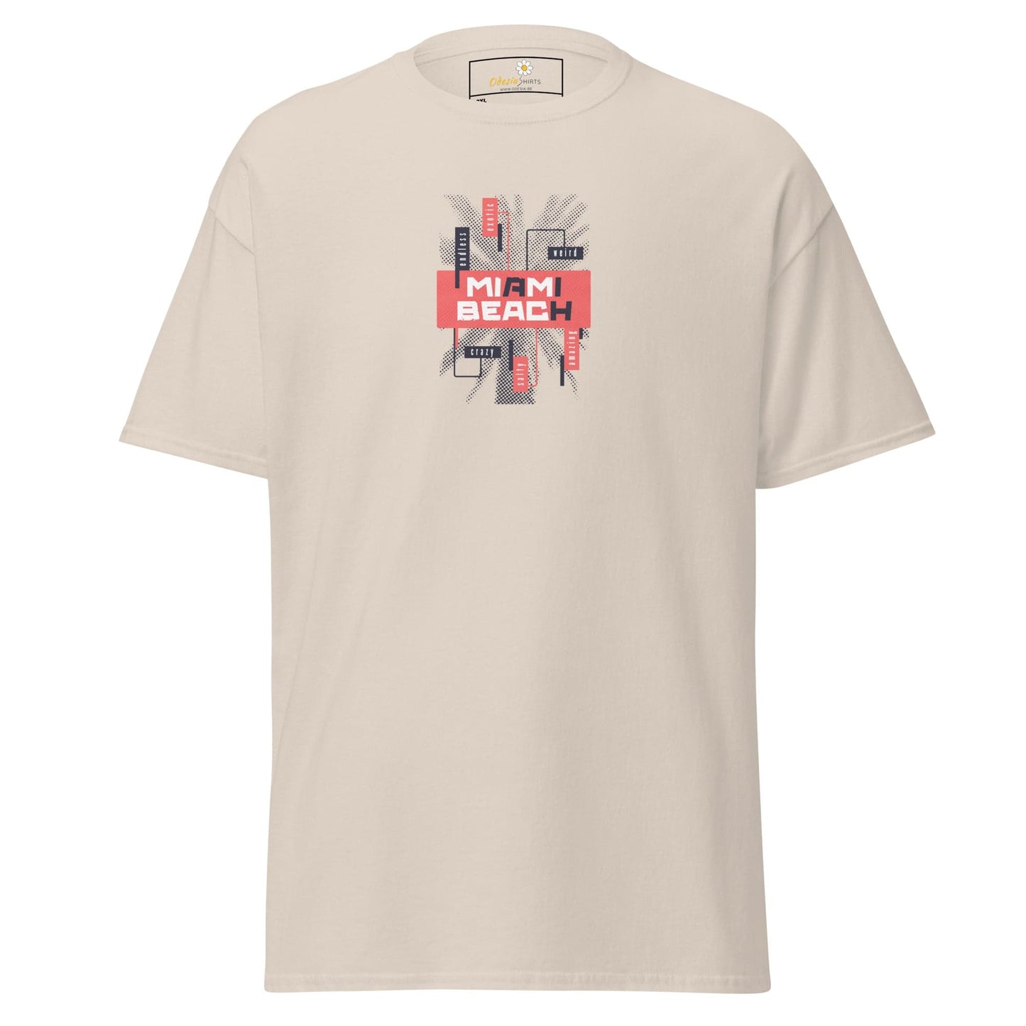 Beige T-shirt with Miami Beach graphic for men and women in sizes 2XL to 5XL