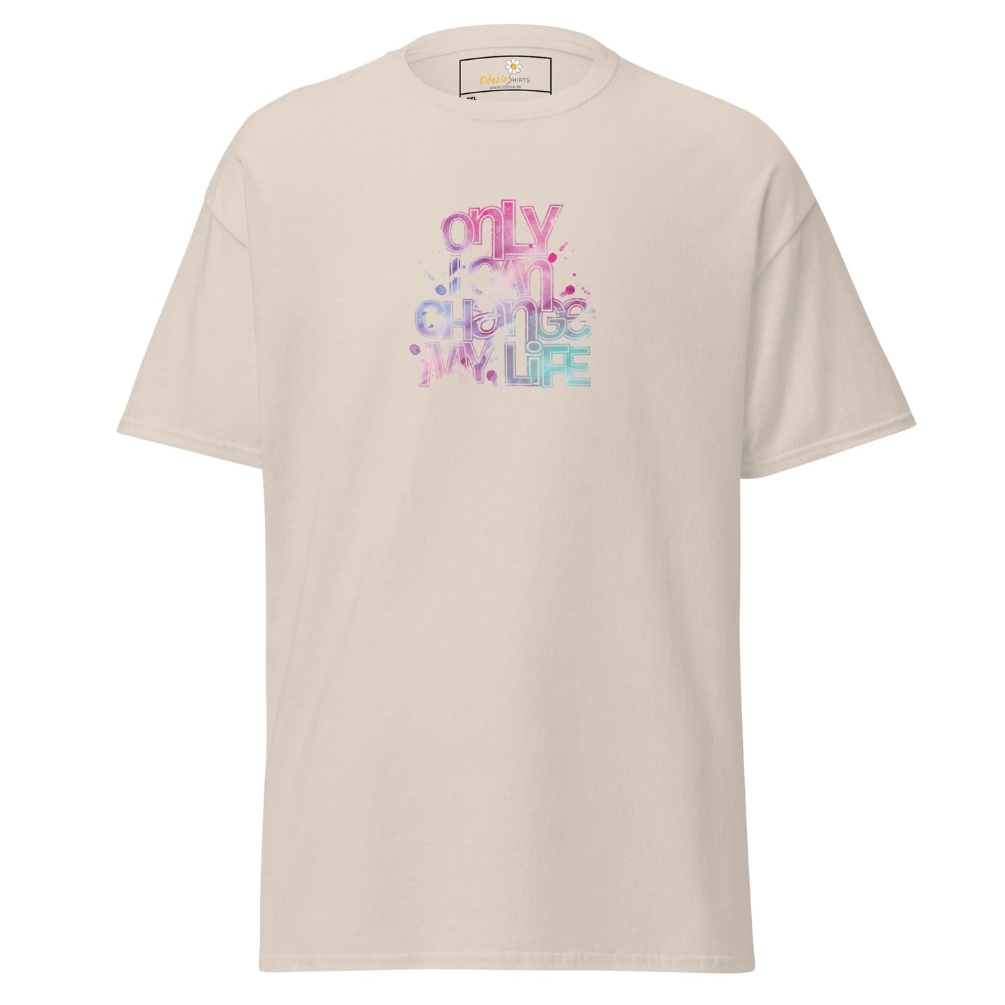 Beige T-shirt with colorful text design for Men and Women in 2XL to 5XL sizes