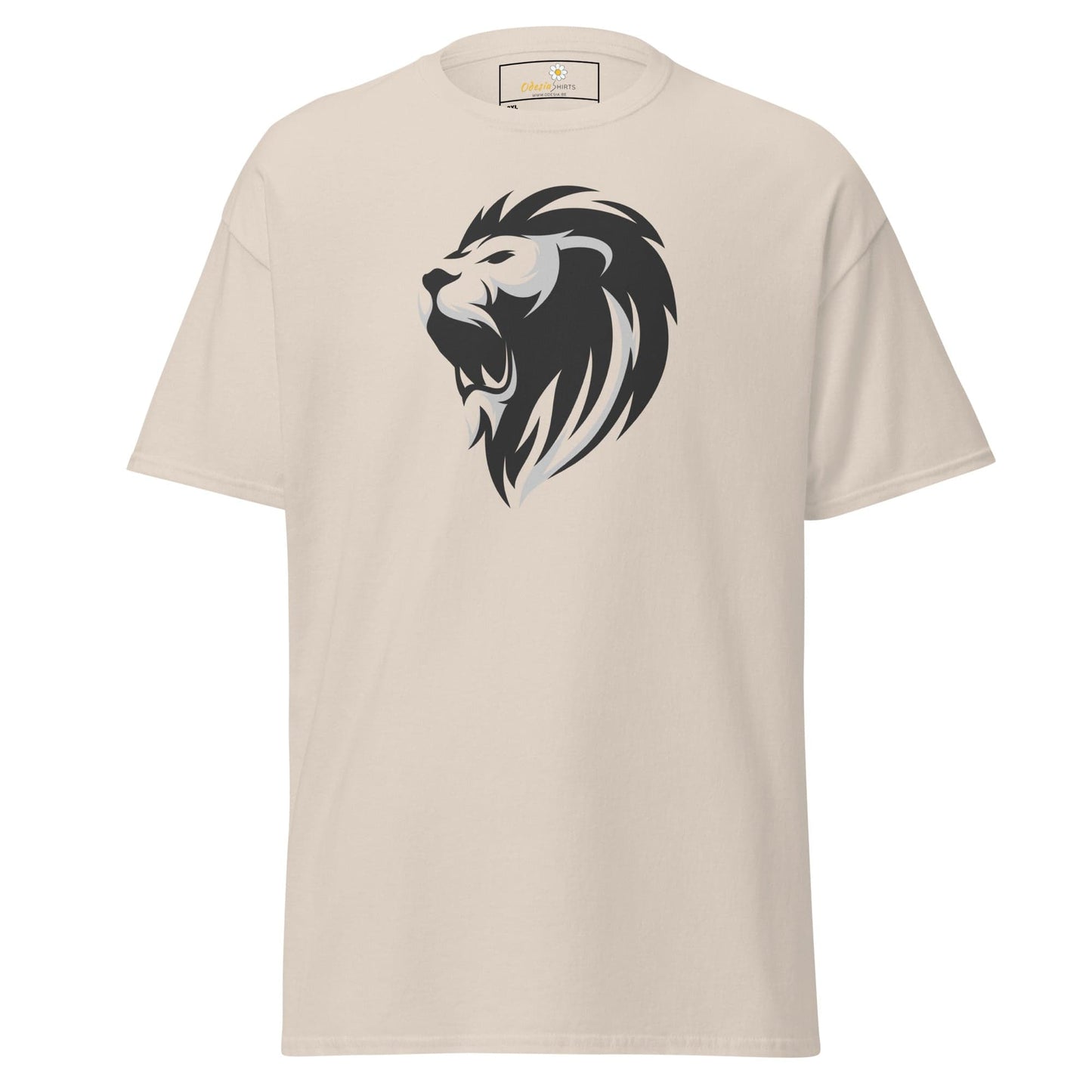Beige T-shirt featuring a lion graphic for men and women in sizes 2XL to 5XL