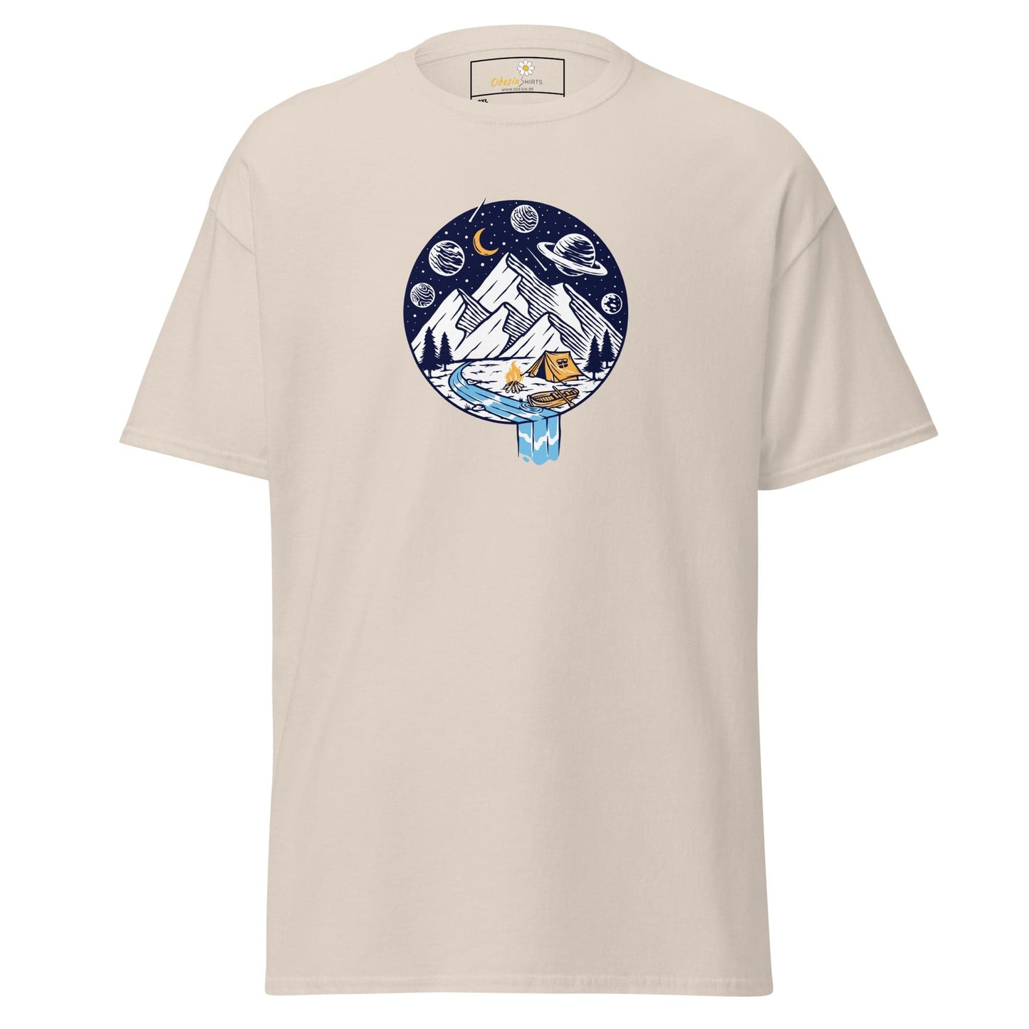 Beige t-shirt with a circular mountain and space graphic.