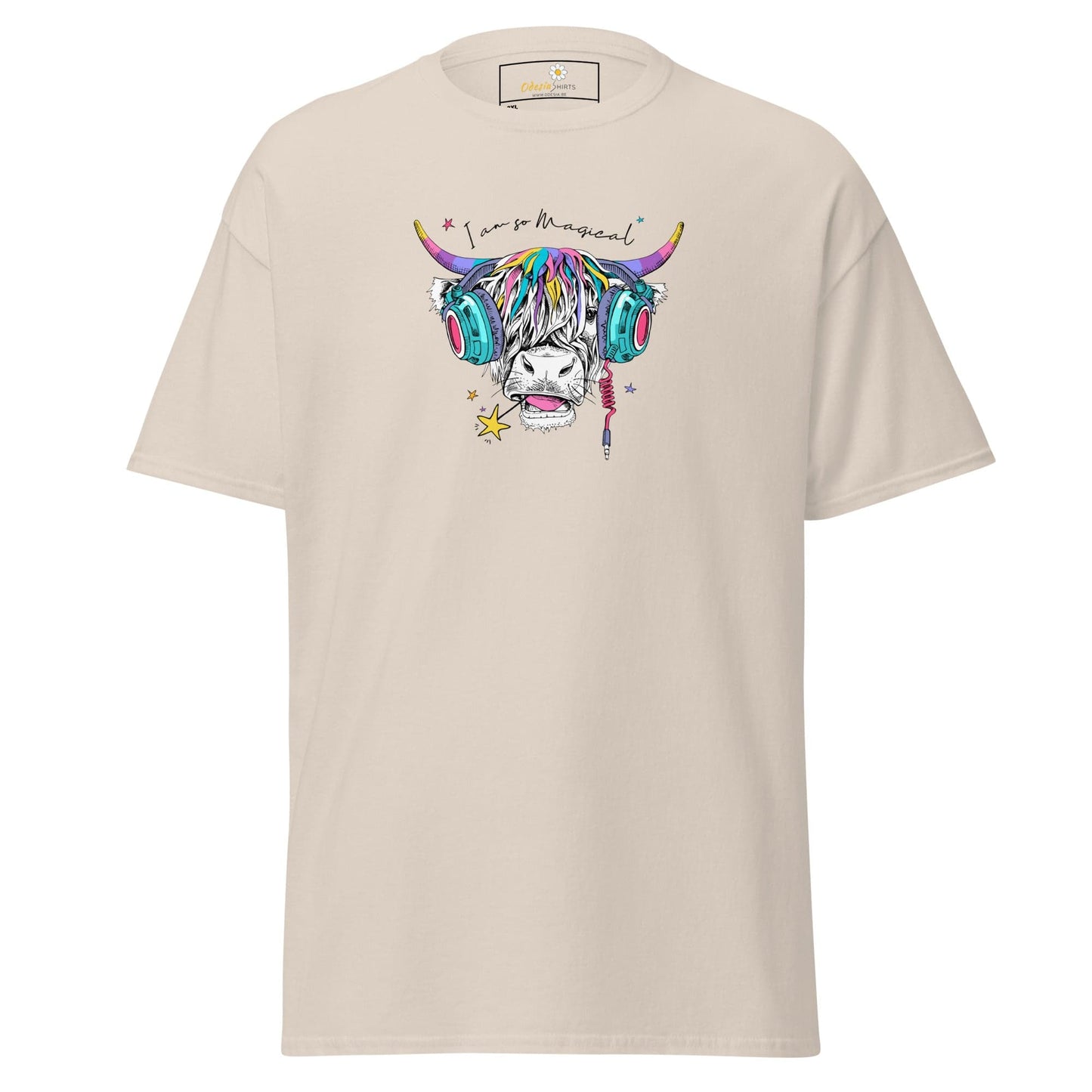Beige t-shirt with a colorful cow graphic.