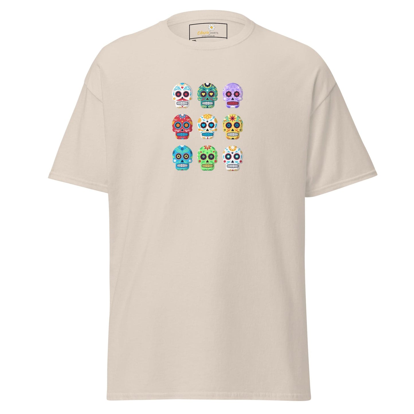 Beige T-shirt featuring colorful sugar skull design for Men and Women size 2XL to 5XL