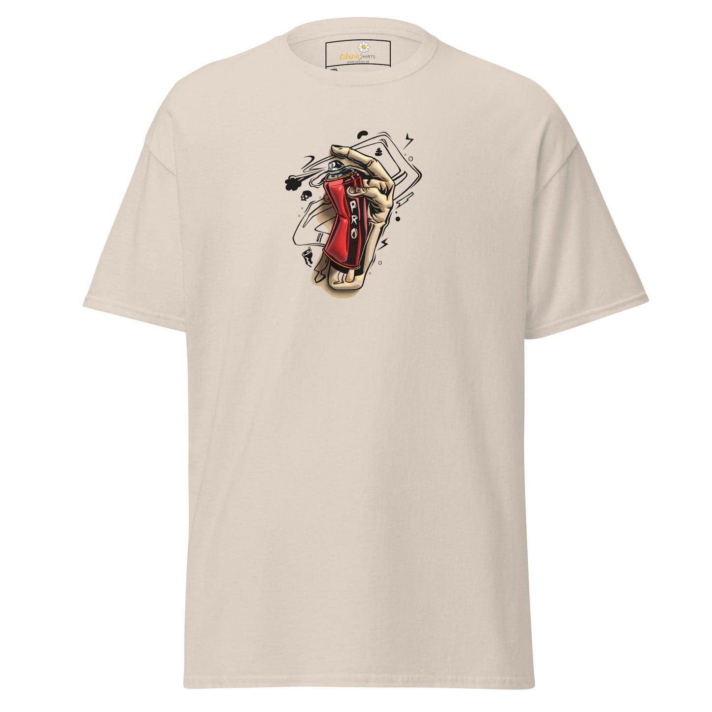 Beige t-shirt with graphic.