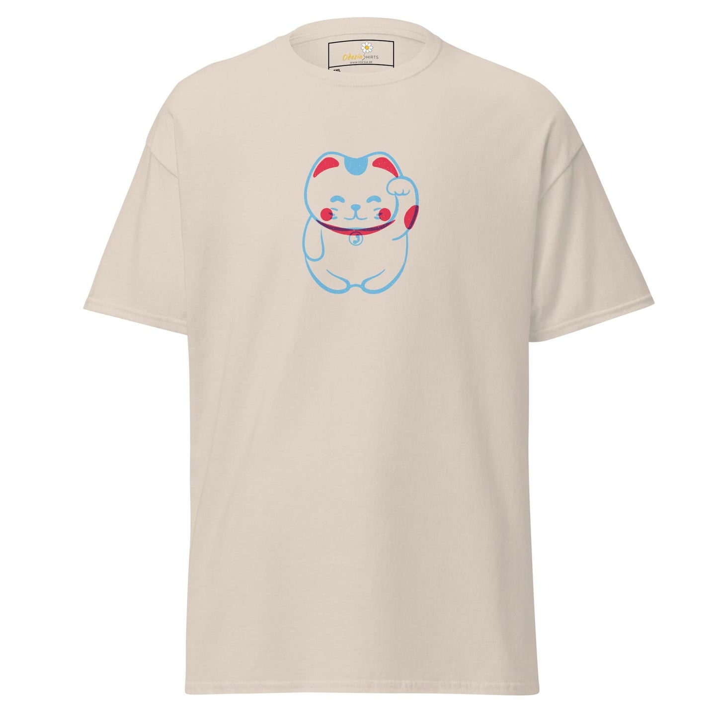Beige T-shirt with cartoon cat design for men and women in 2XL to 5XL sizes