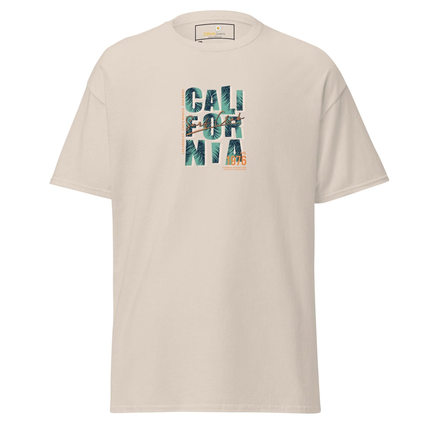 Beige t-shirt with ’California’ graphic.