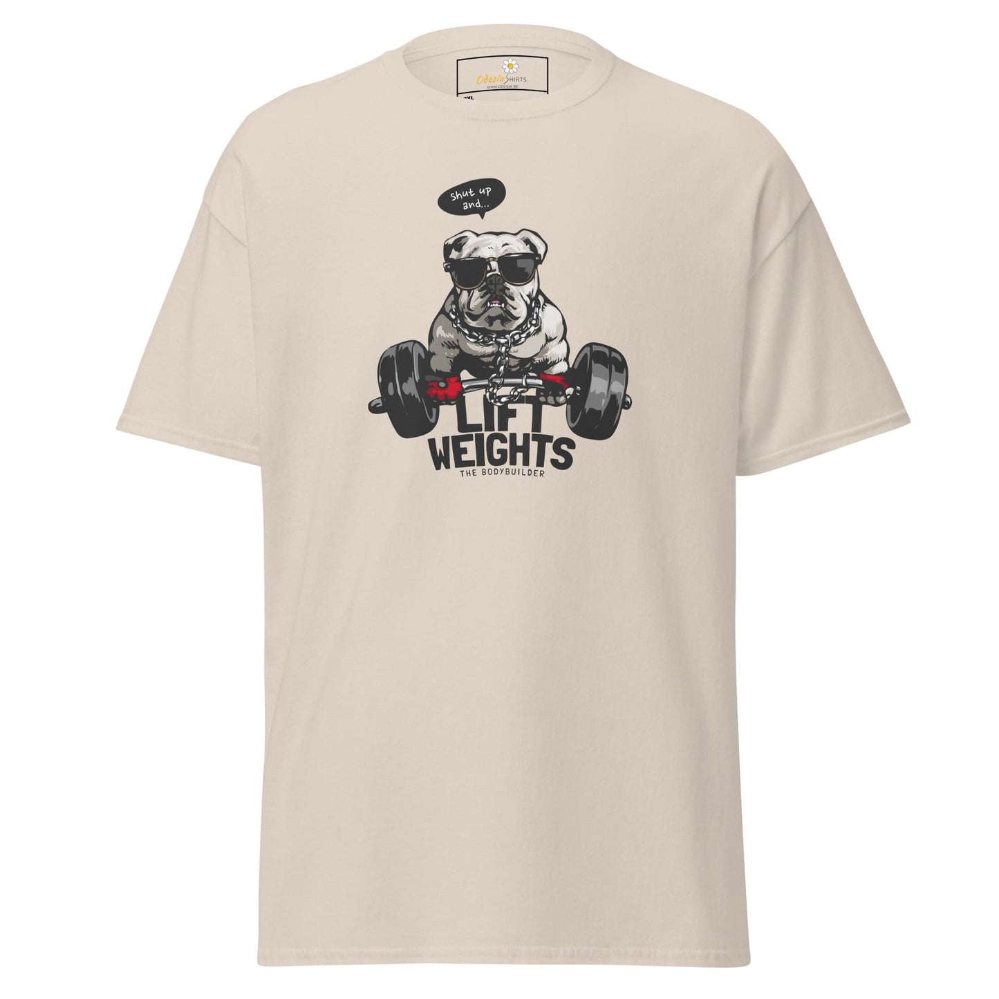 Beige t-shirt with a bulldog lifting weights graphic.