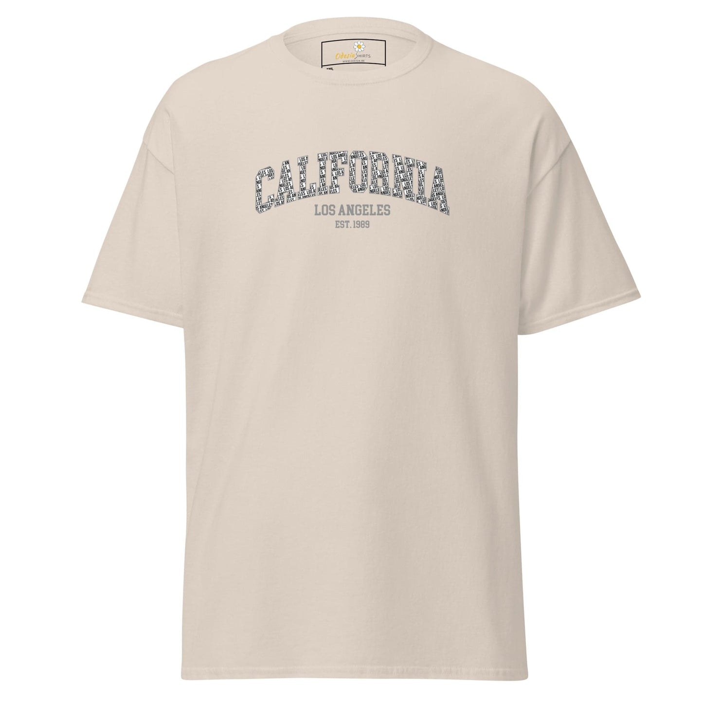 Beige t-shirt with ’California’ and ’Los Angeles’ text.