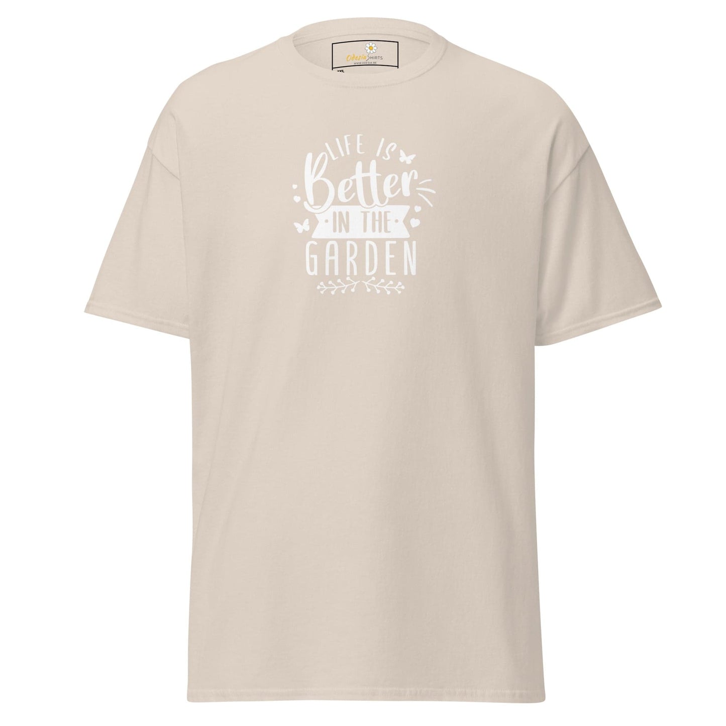 Beige t-shirt with garden-themed text.