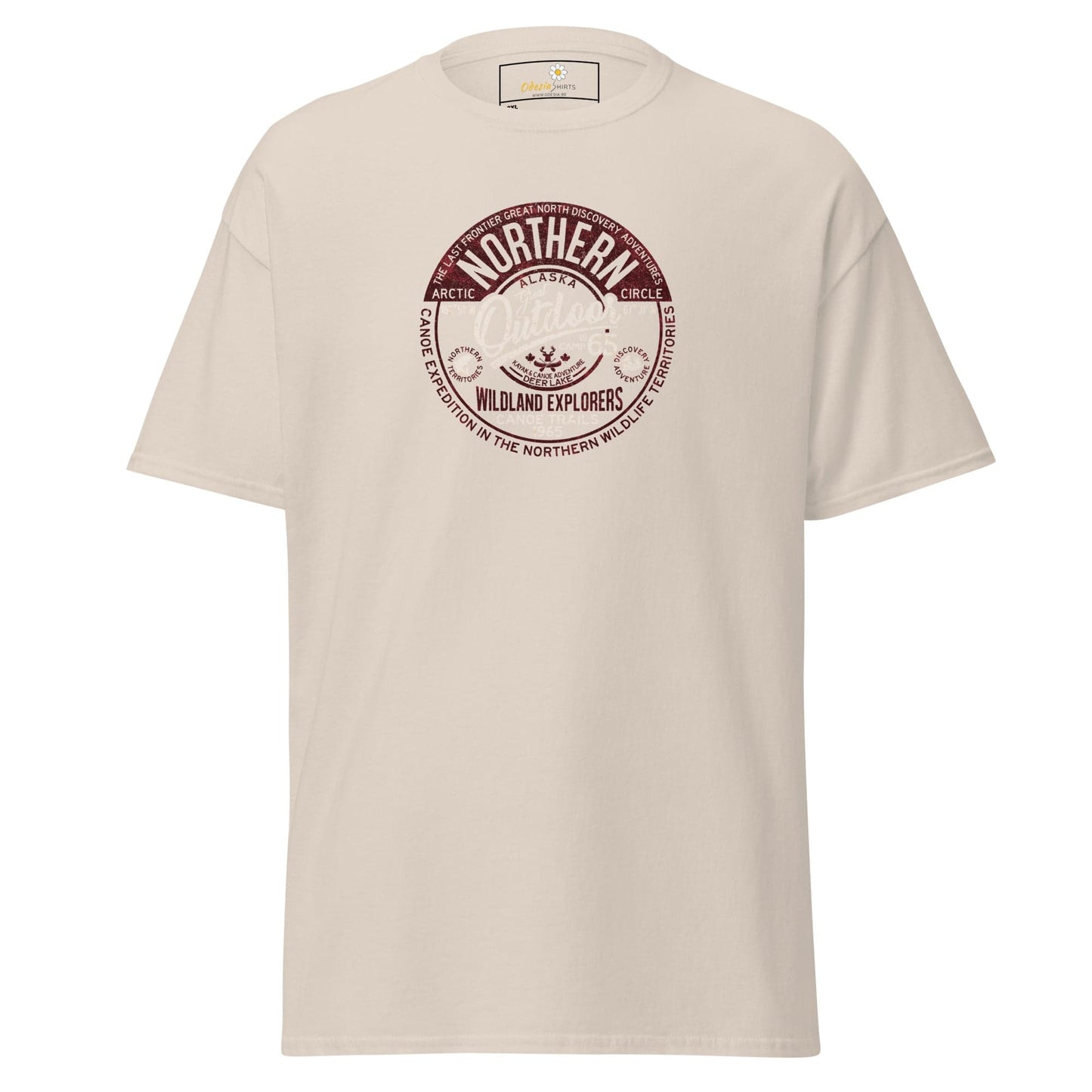 Beige t-shirt with circular graphic.