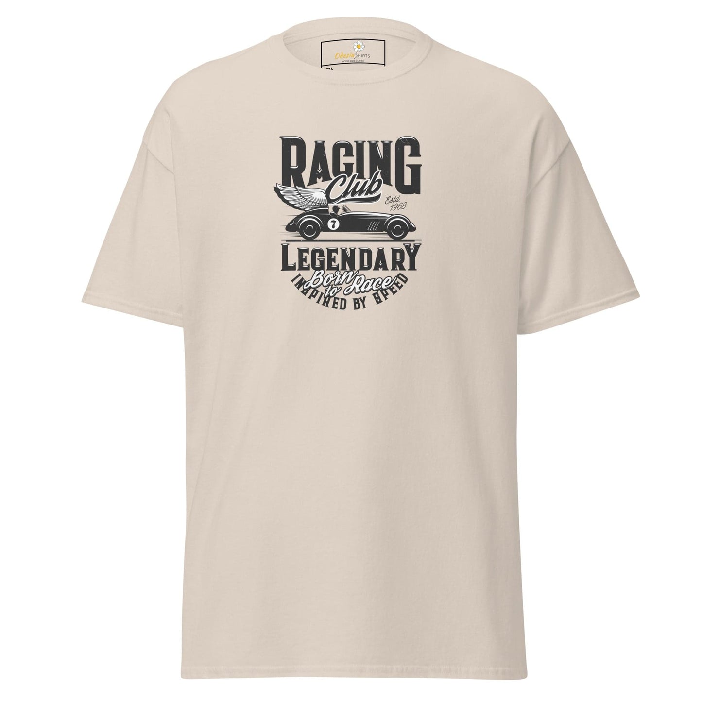 Beige t-shirt with a racing car graphic.