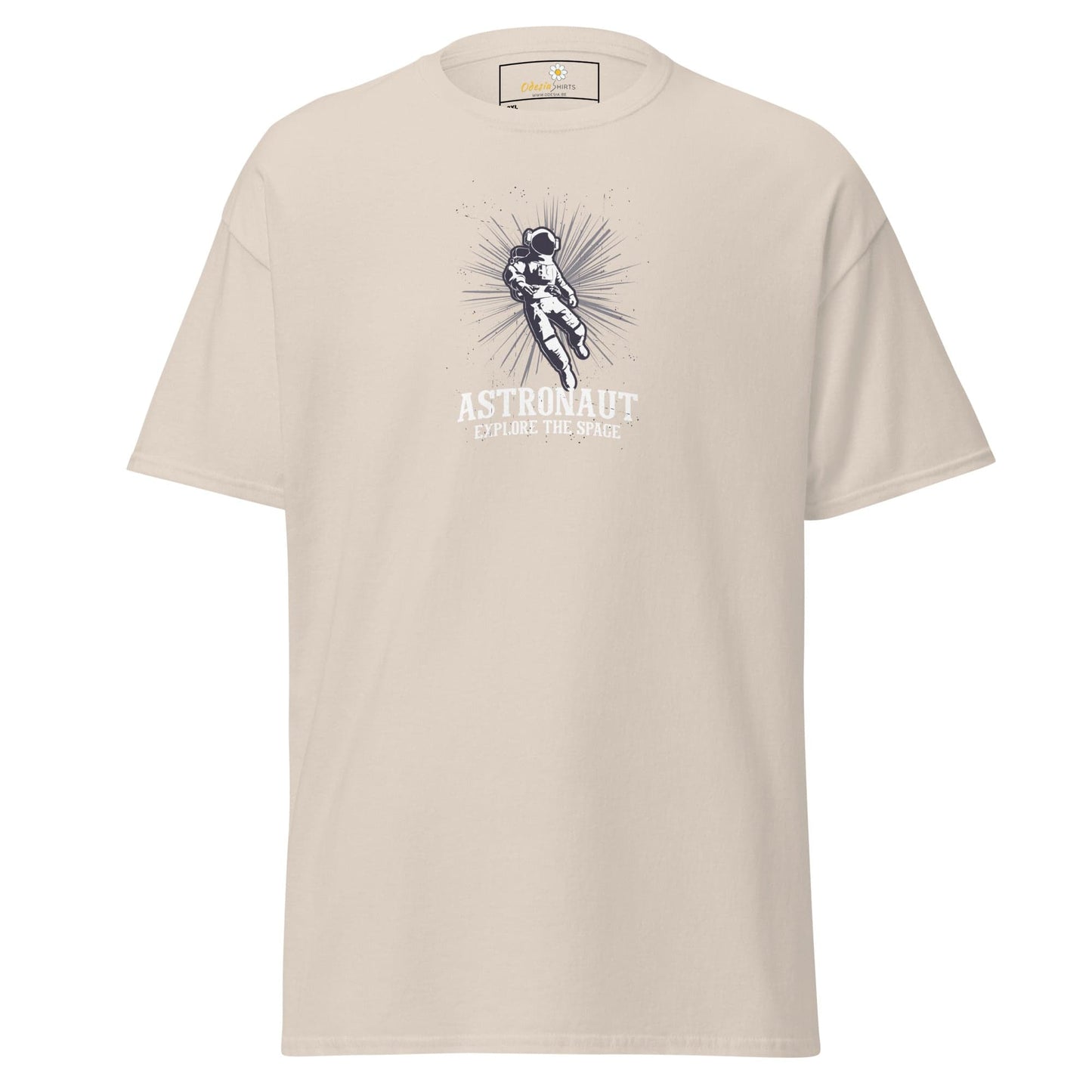 Beige T-shirt with astronaut graphic available in Men’s and Women’s sizes 2XL to 5XL