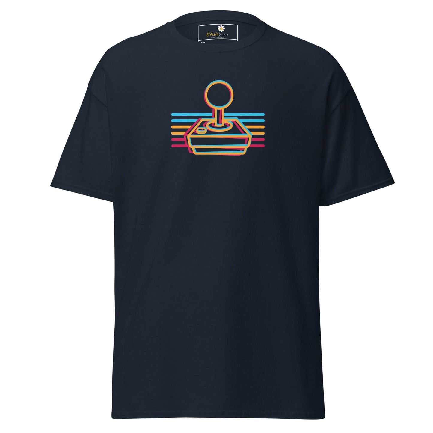 Navy t-shirt with retro joystick design.