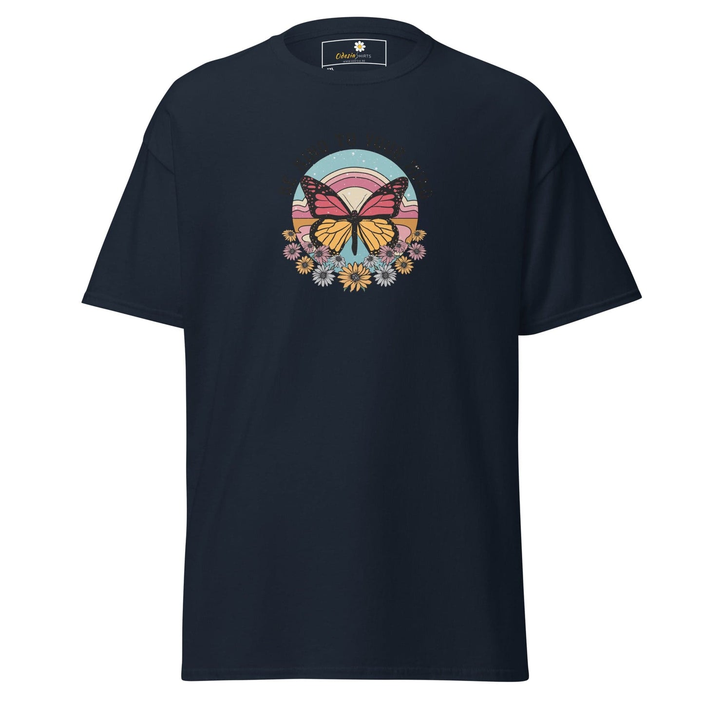 Navy blue t-shirt with butterfly graphic.