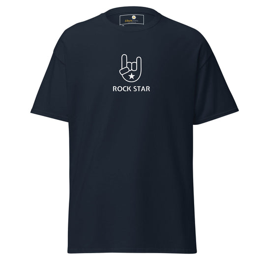 Navy blue t-shirt with ’Rock Star’ graphic.