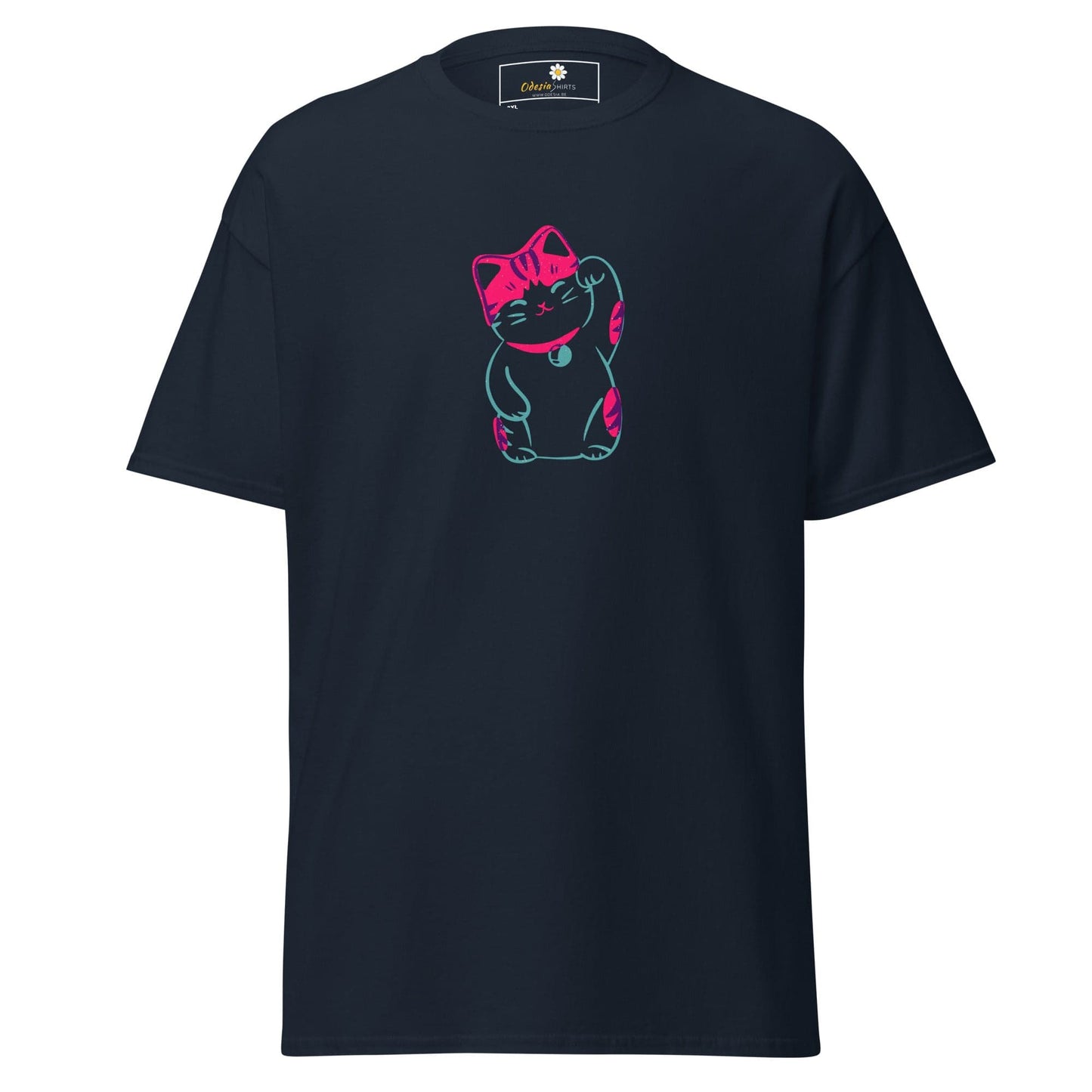 Navy T-shirt with pink and teal cat graphic, available in 2XL to 5XL sizes