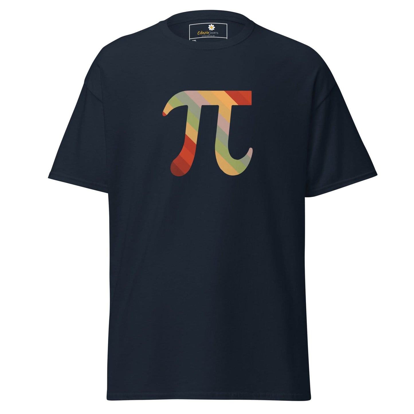 Navy T-shirt with colorful Pi symbol design for men and women in sizes 2XL to 5XL