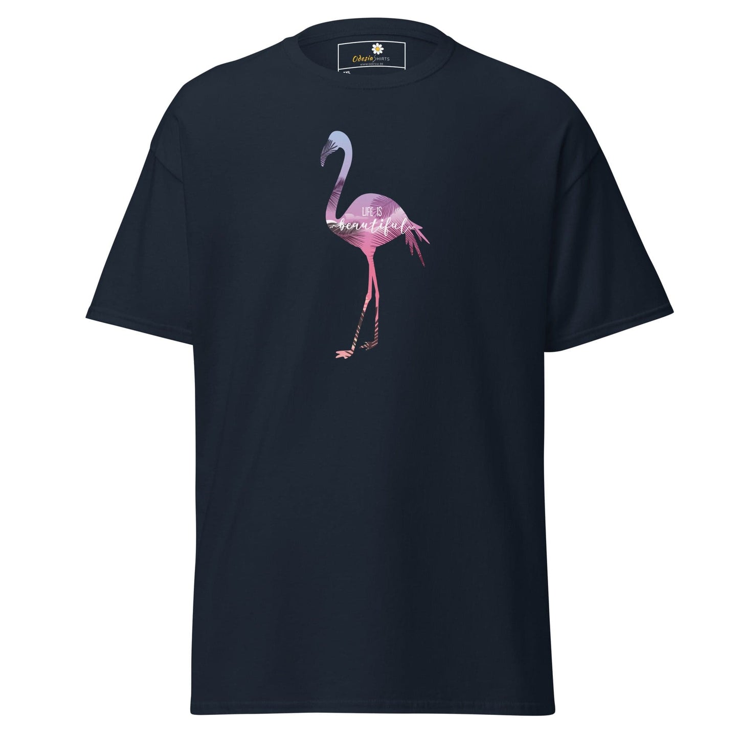 Navy blue T-shirt with flamingo design suitable for men and women in sizes 2XL to 5XL