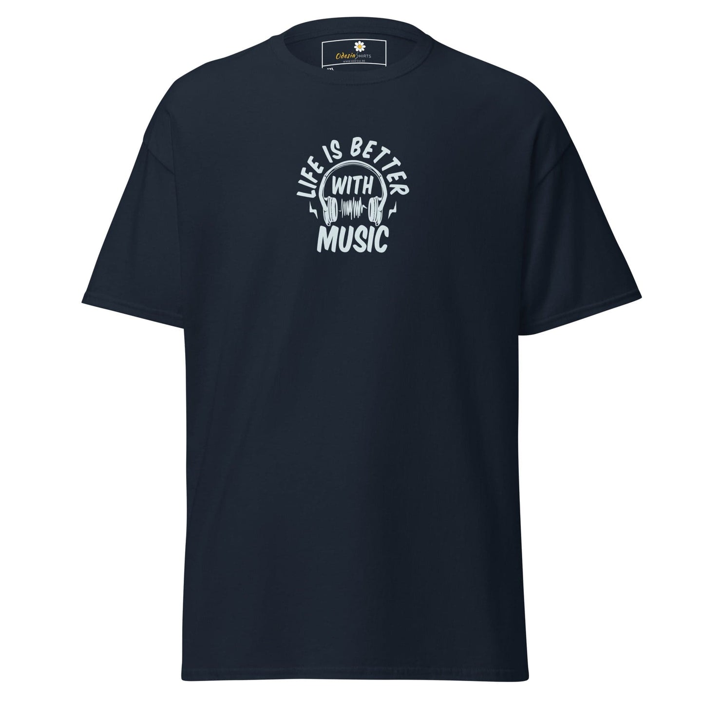 Navy blue T-shirt with music graphic for men and women in sizes 2XL to 5XL