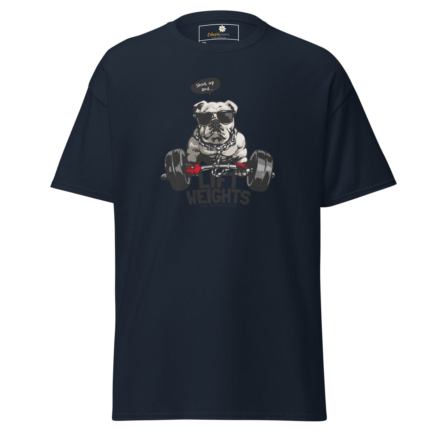 Navy blue t-shirt with bulldog graphic.