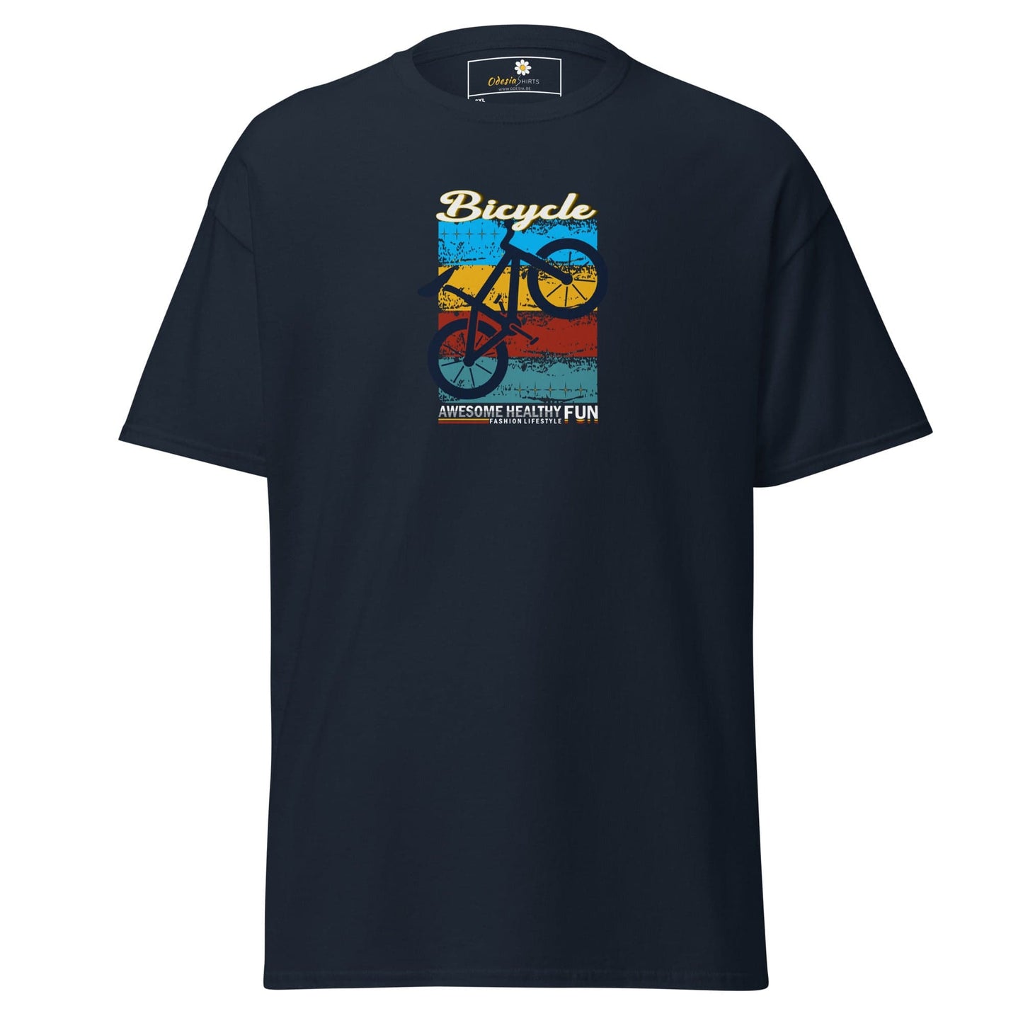 Navy blue T-shirt with bicycle graphic from T-SHIRT DESIGN TEE for Men and Women, sizes 2XL to 5XL