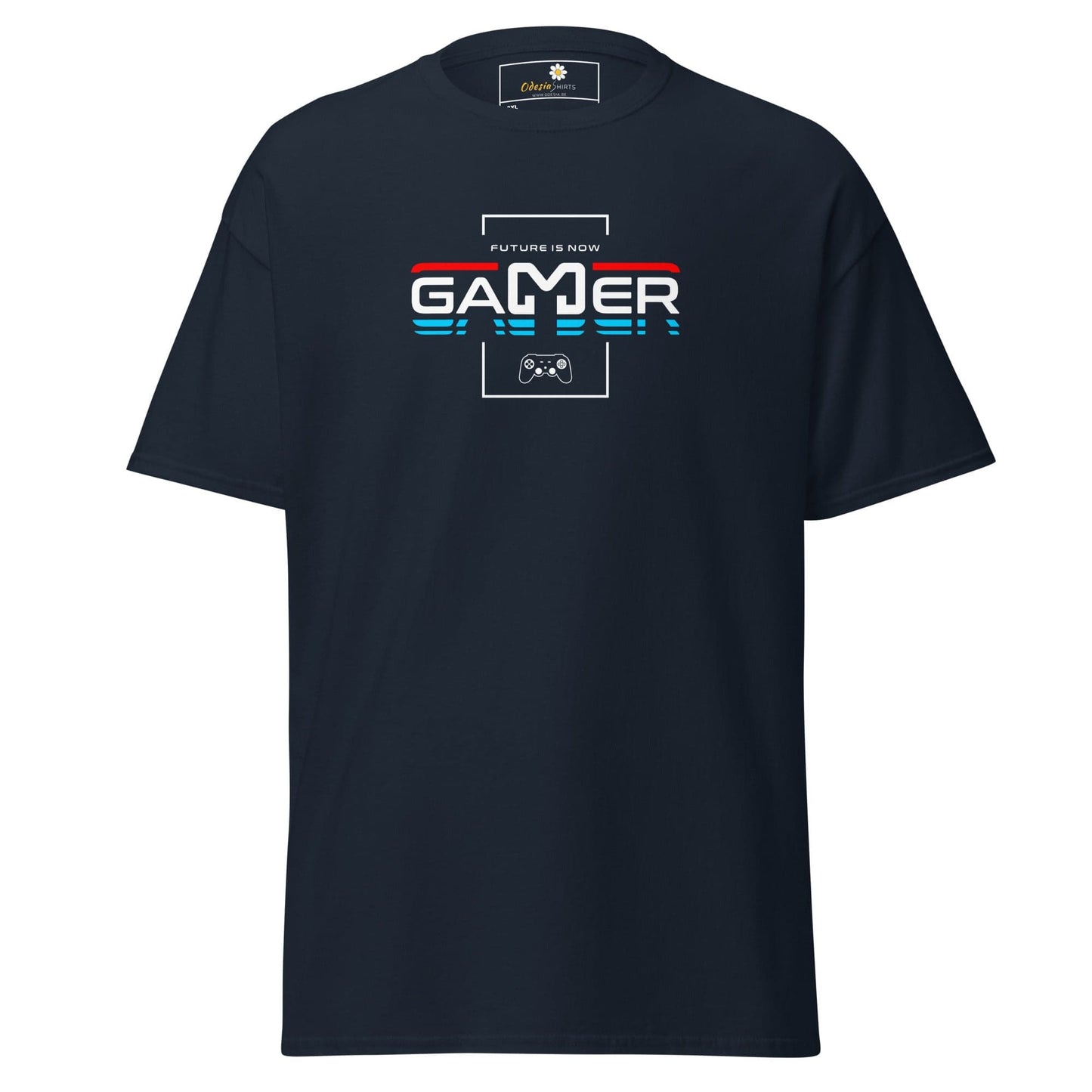 Navy blue t-shirt with ’Gamer’ graphic.