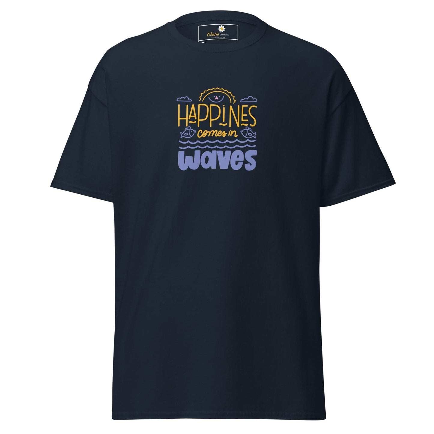 Navy T-shirt with Happiness Comes in Waves design, available in 2XL to 5XL sizes