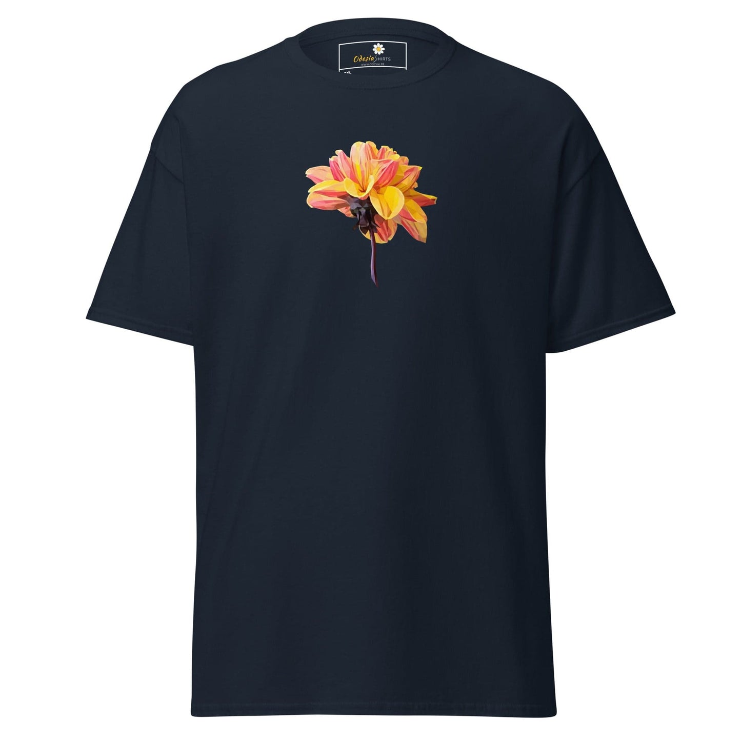 Navy t-shirt with flower graphic.