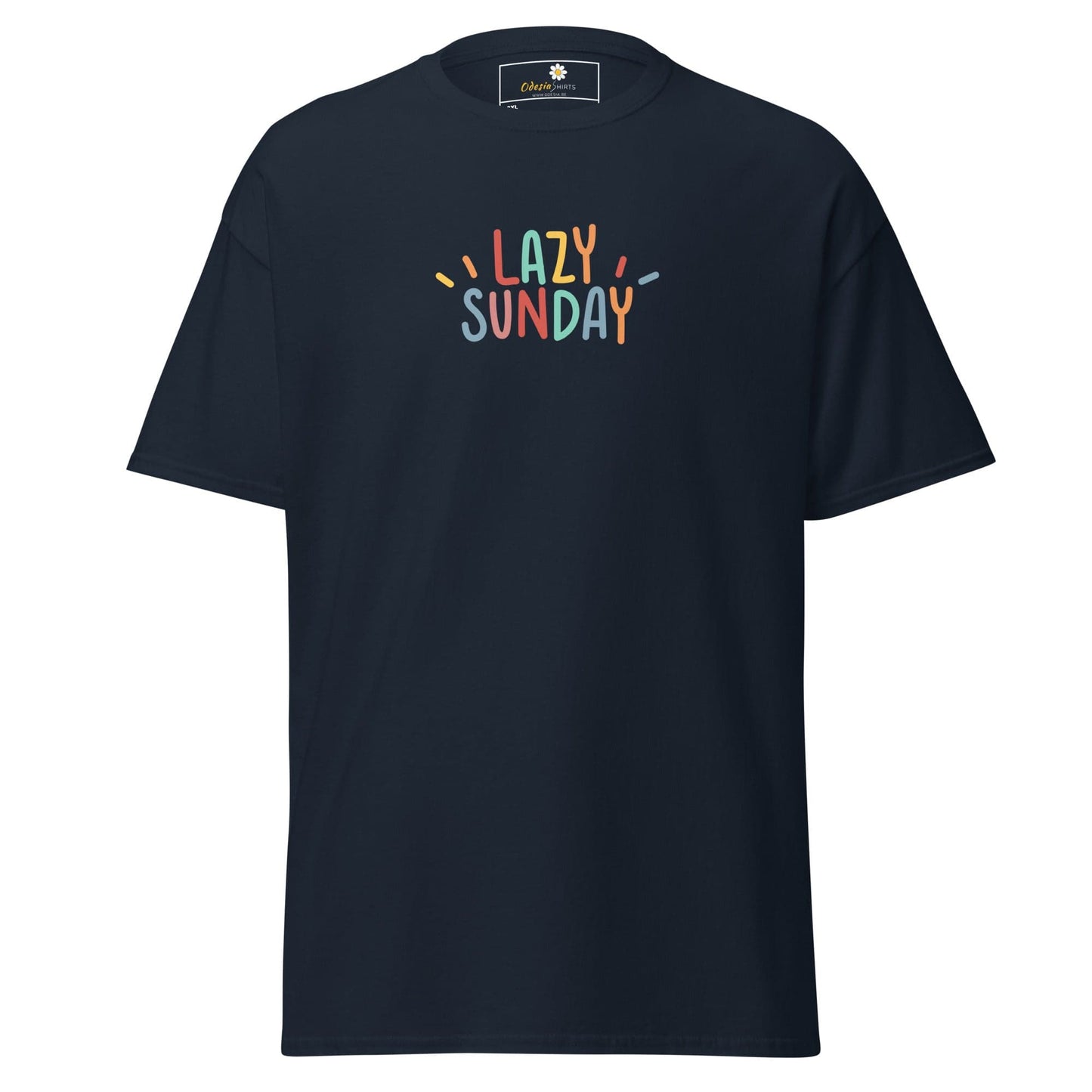 Navy blue t-shirt with ’Lazy Sunday’ text.