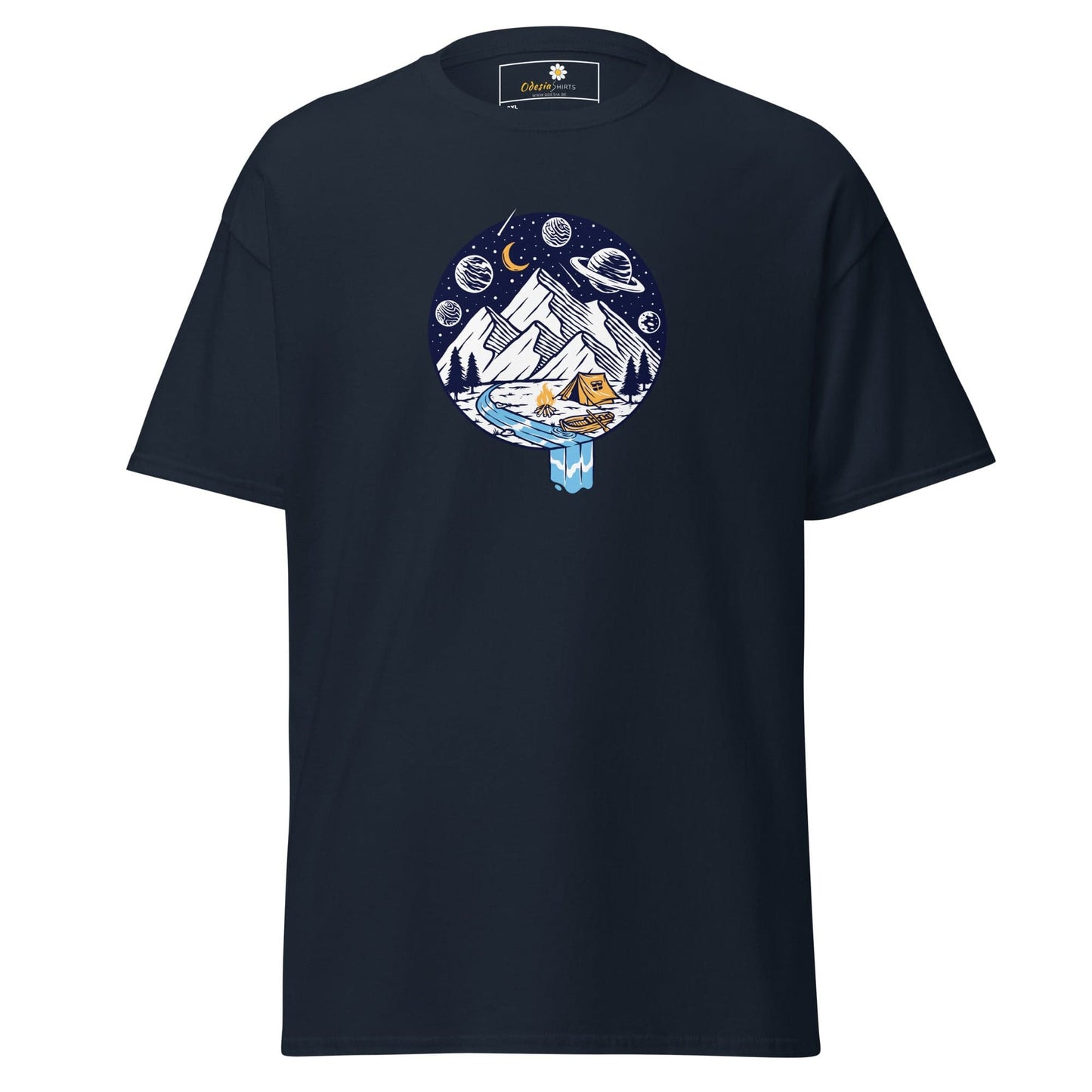 Navy blue t-shirt with mountain and space graphic.
