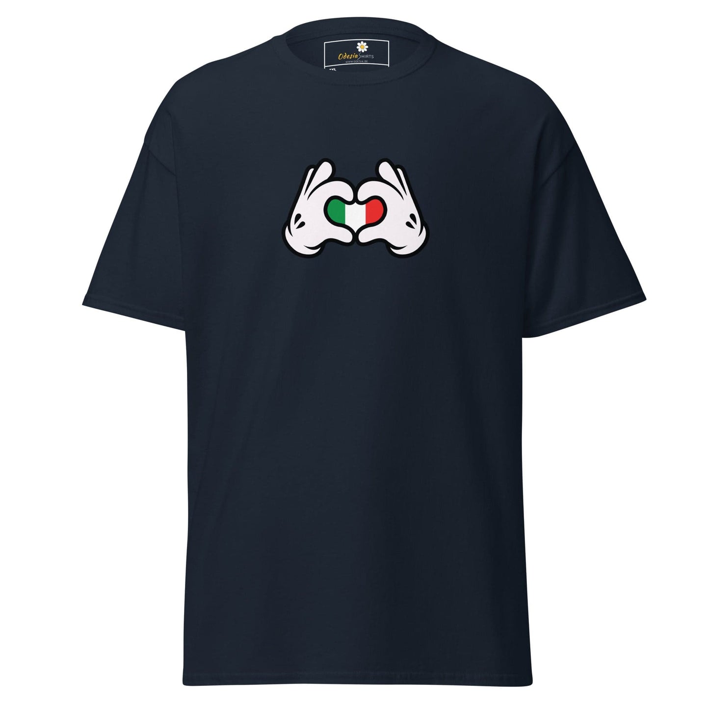 Navy blue t-shirt with heart-shaped hands.