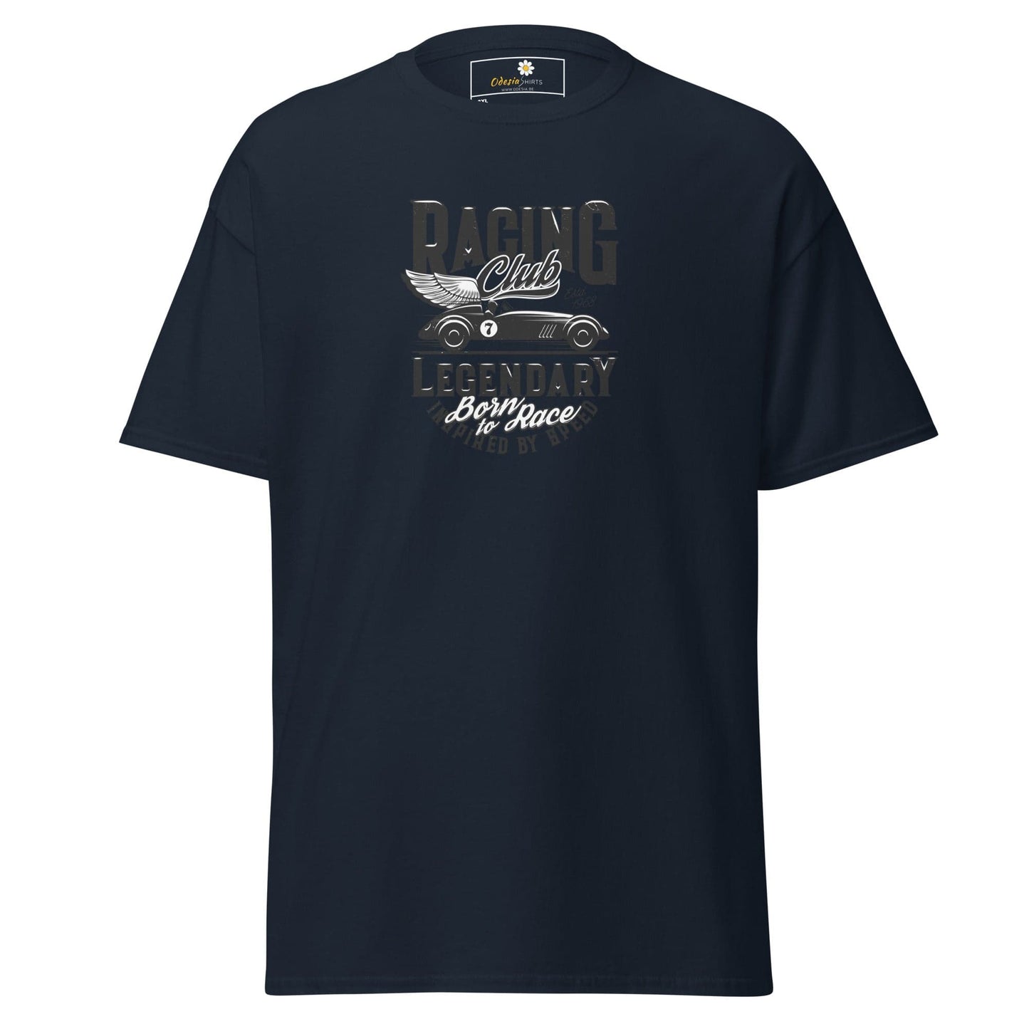 Navy blue t-shirt with a racing car graphic.