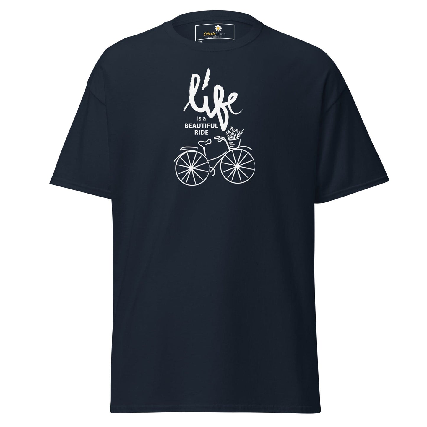 Navy T-shirt featuring bicycle graphic for Men and Women in size 2XL to 5XL