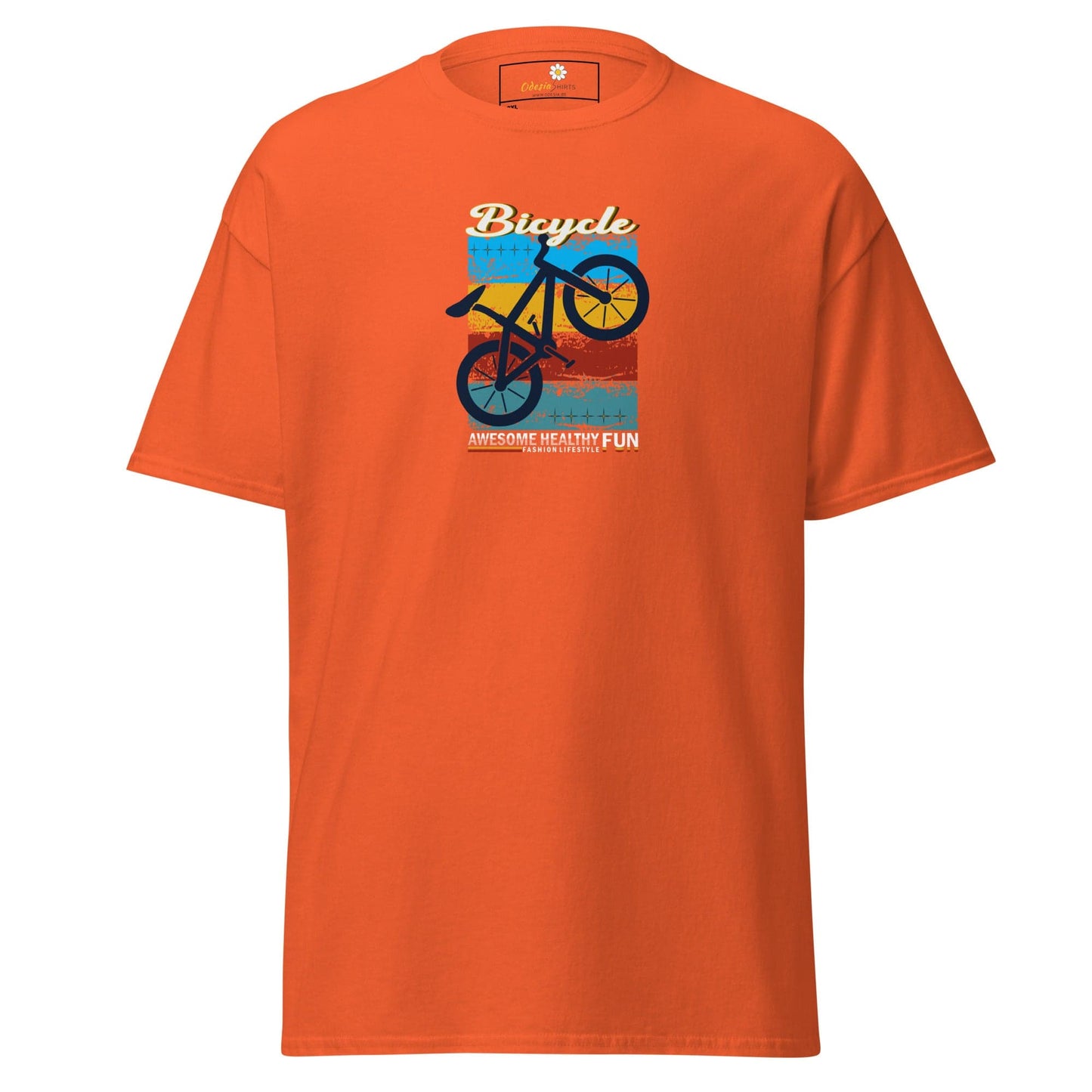 Orange T-shirt with bicycle graphic from T-SHIRT DESIGN TEE for Men and Women in 2XL to 5XL