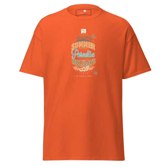 Orange t-shirt with ’Summer Paradise Holidays’ graphic.
