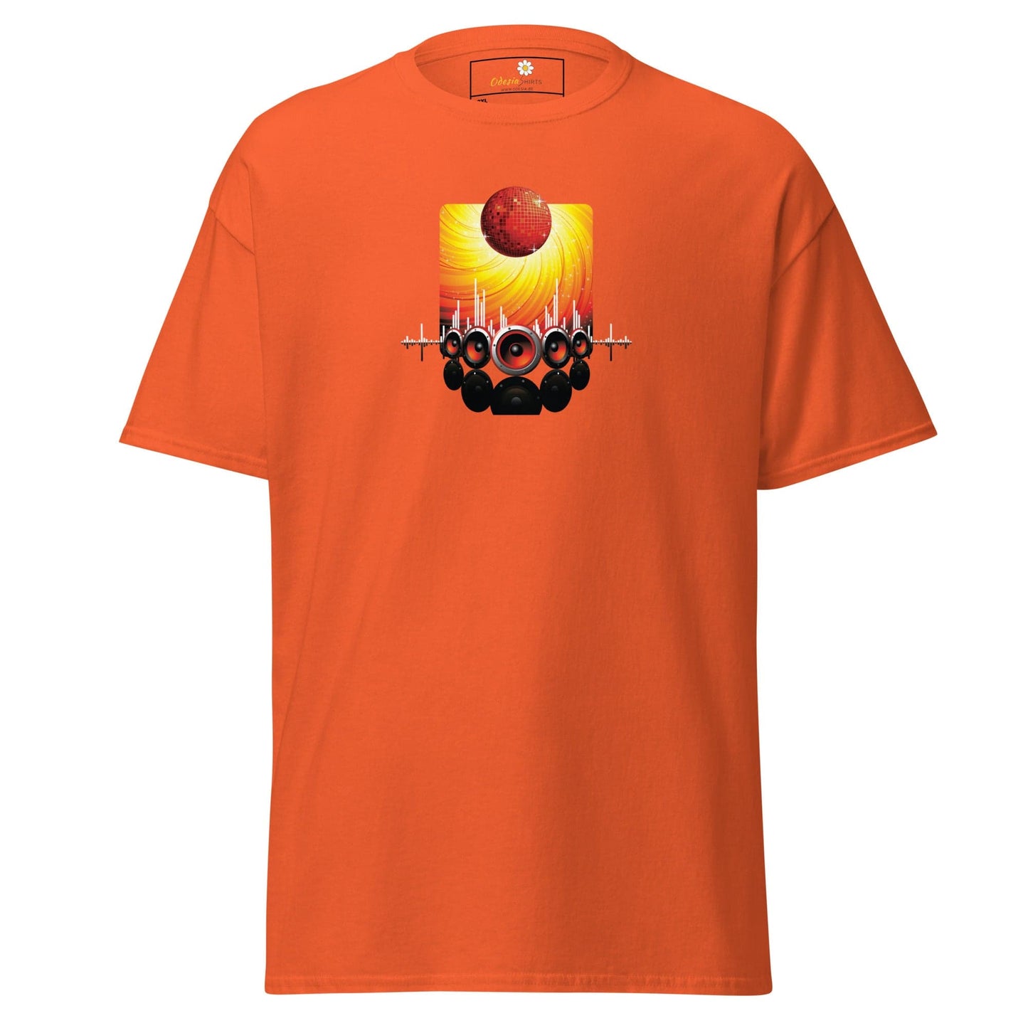 Orange T-shirt with speaker graphic for men and women, available in 2XL to 5XL sizes