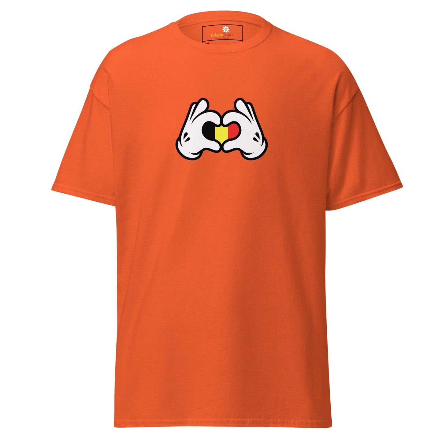 Orange t-shirt with cartoon hands forming a heart with the Belgian flag.