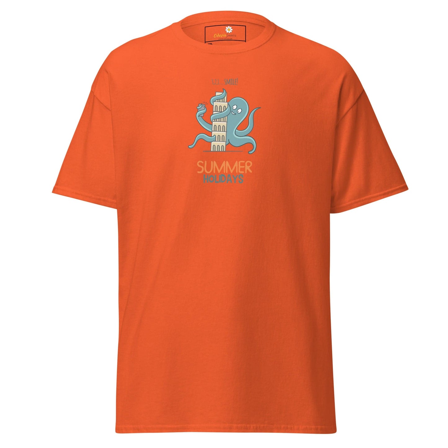 Orange t-shirt with octopus graphic.