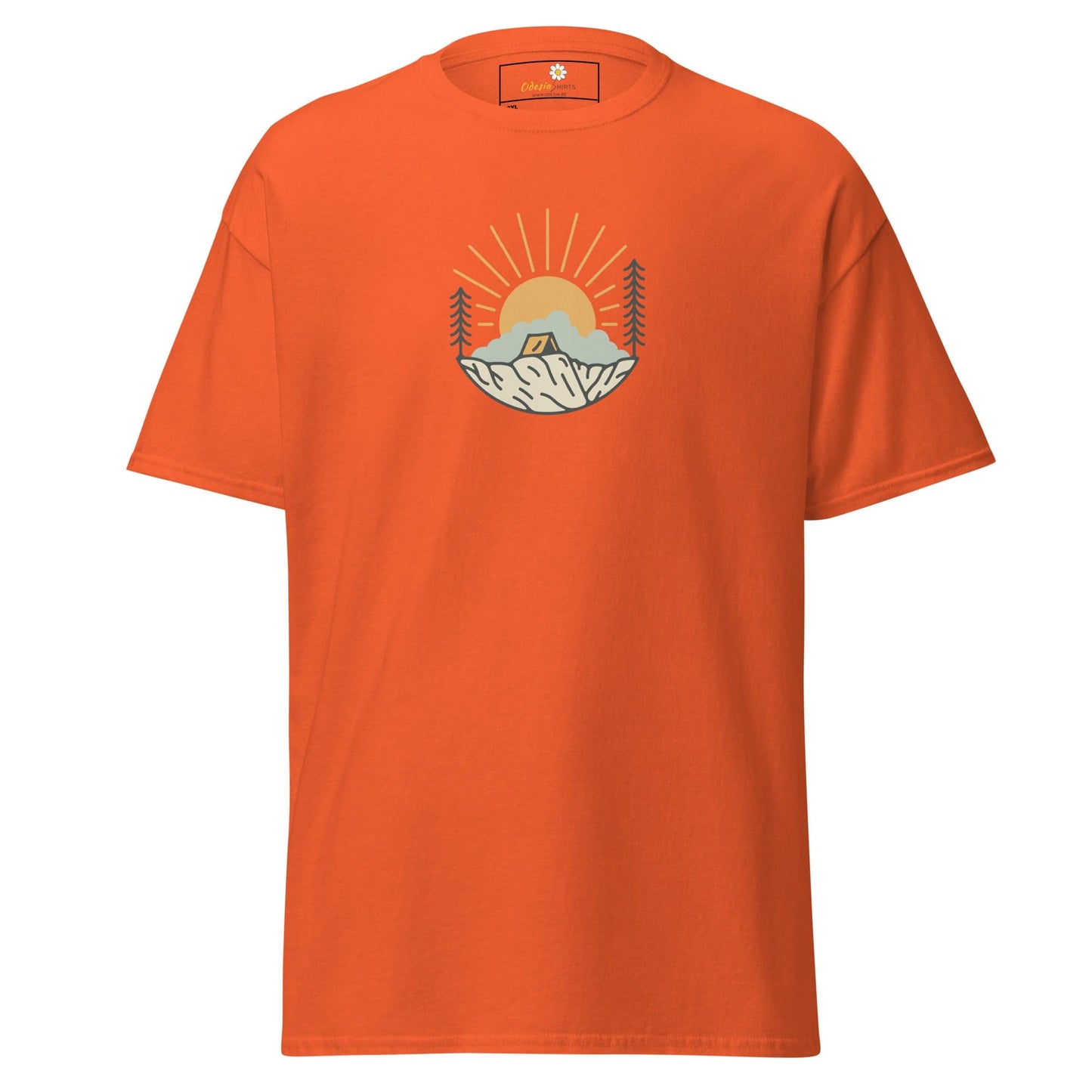 Orange t-shirt with camping graphic.