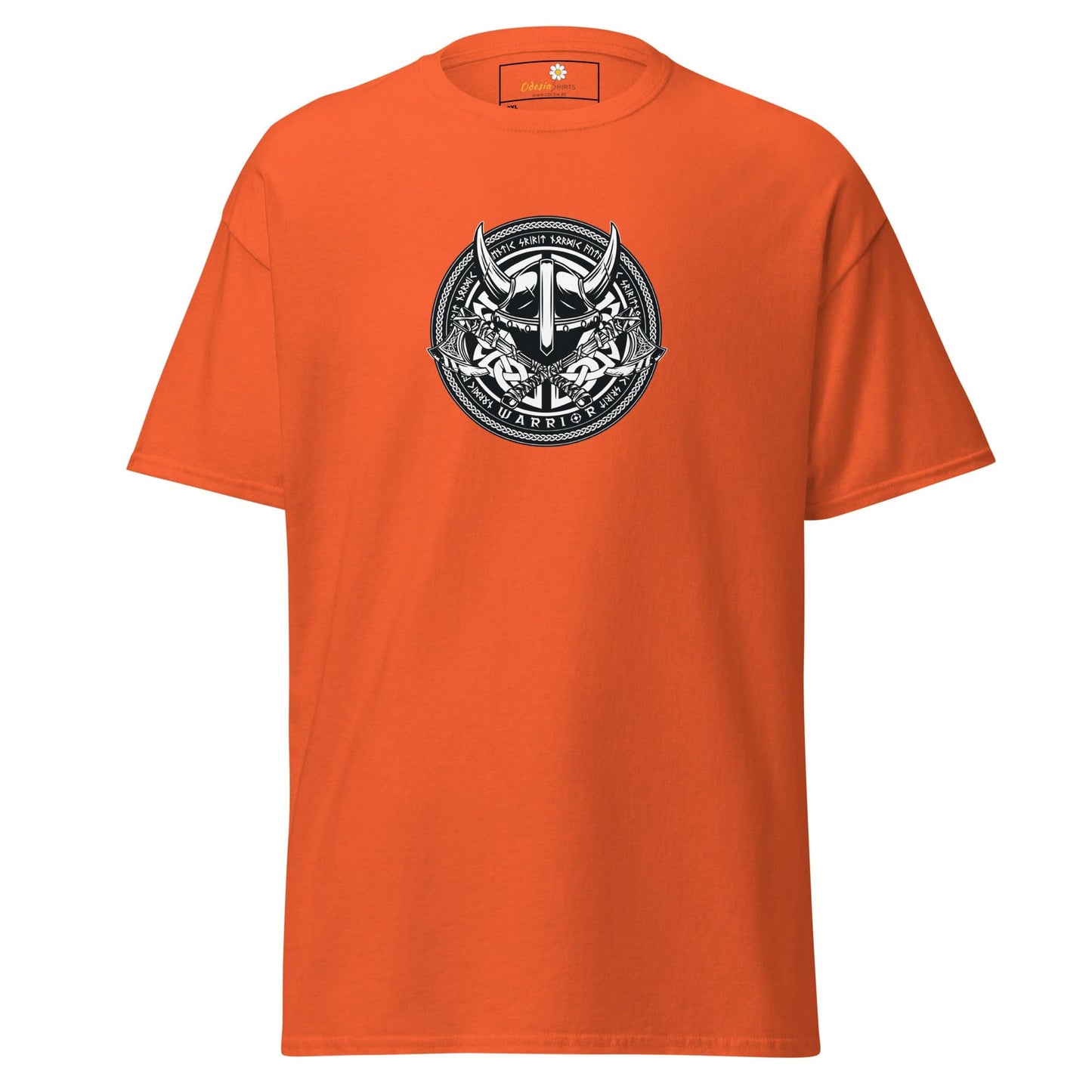 Orange t-shirt with Viking warrior graphic.